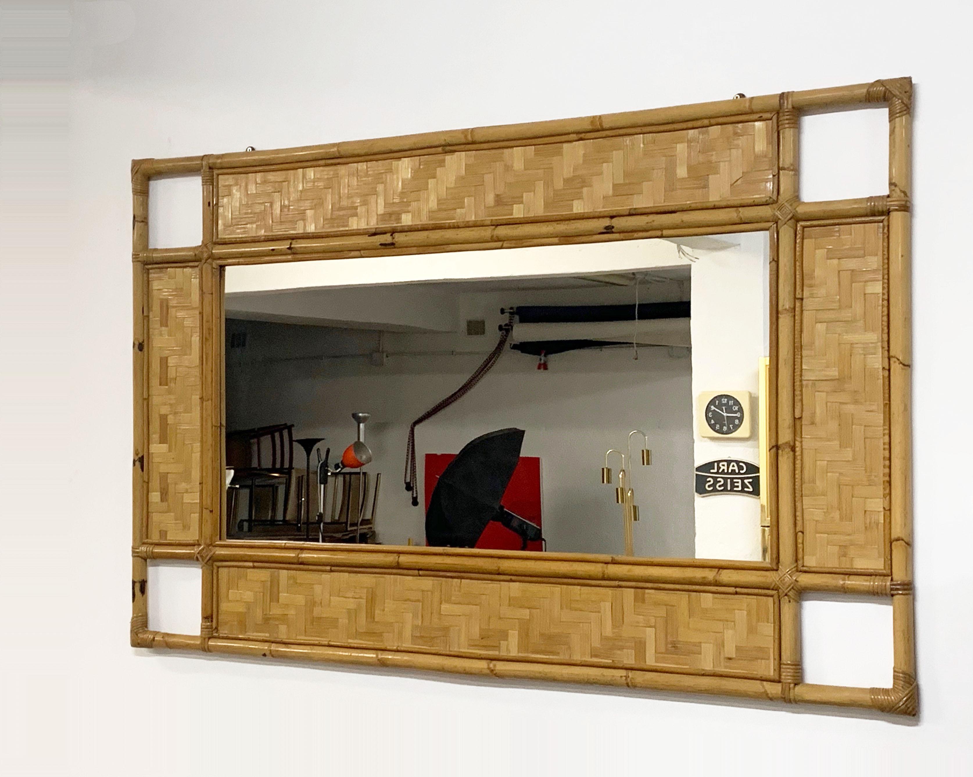 20th Century Italian Rectangular Mirror with Bamboo, Rattan and Wicker Structure, 1970s For Sale