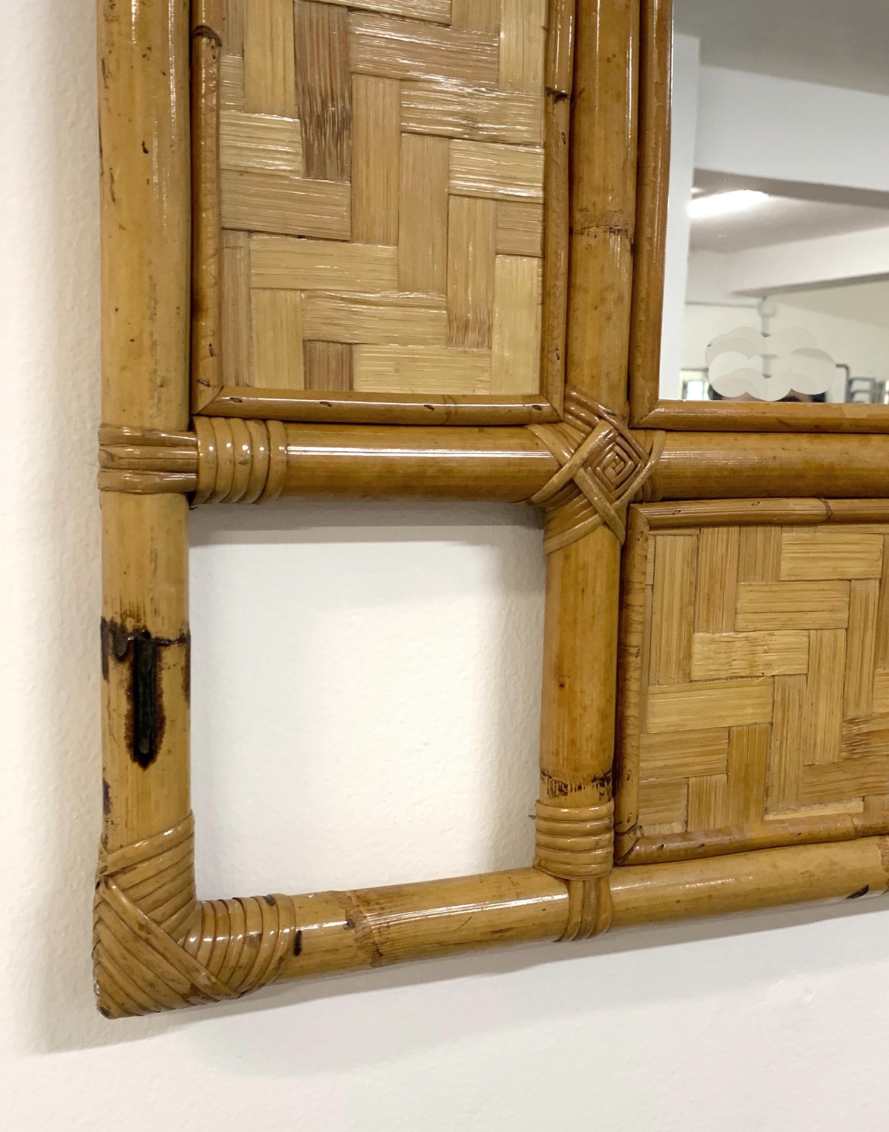 Italian Rectangular Mirror with Bamboo, Rattan and Wicker Structure, 1970s For Sale 4
