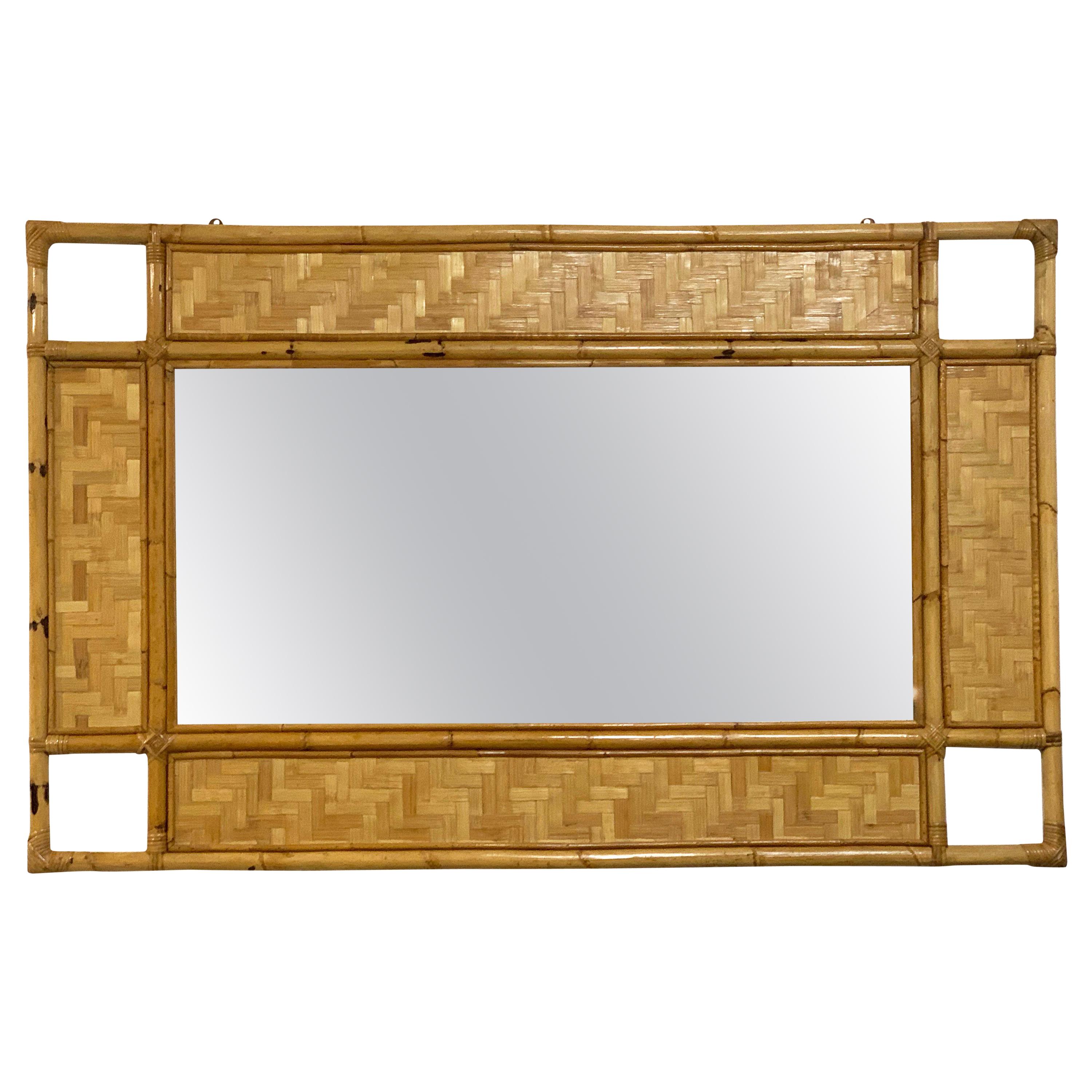 Italian Rectangular Mirror with Bamboo, Rattan and Wicker Structure, 1970s