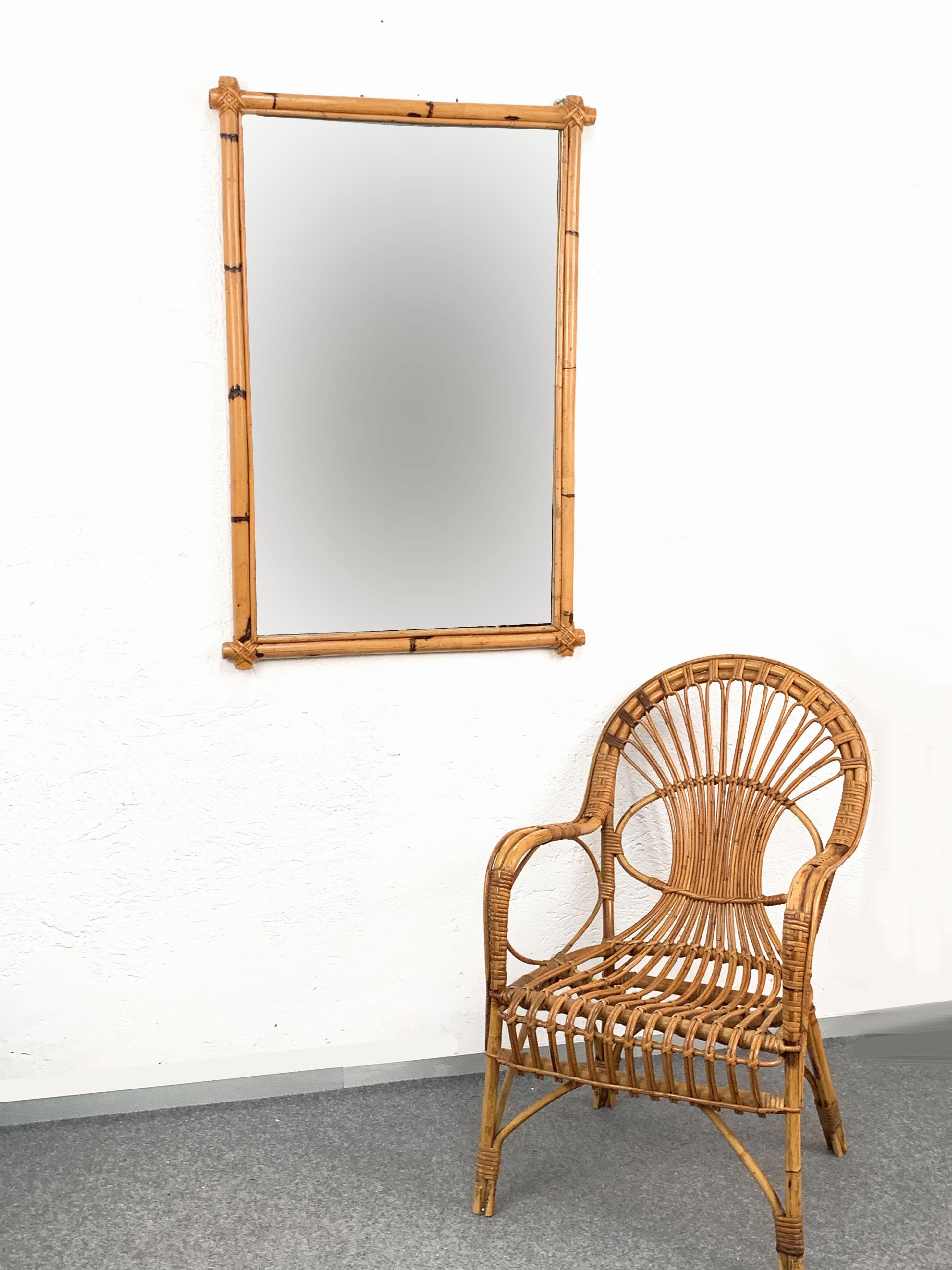 20th Century Italian Rectangular Mirror with Bamboo Woven Wicker Frame after Bonacina, 1970s