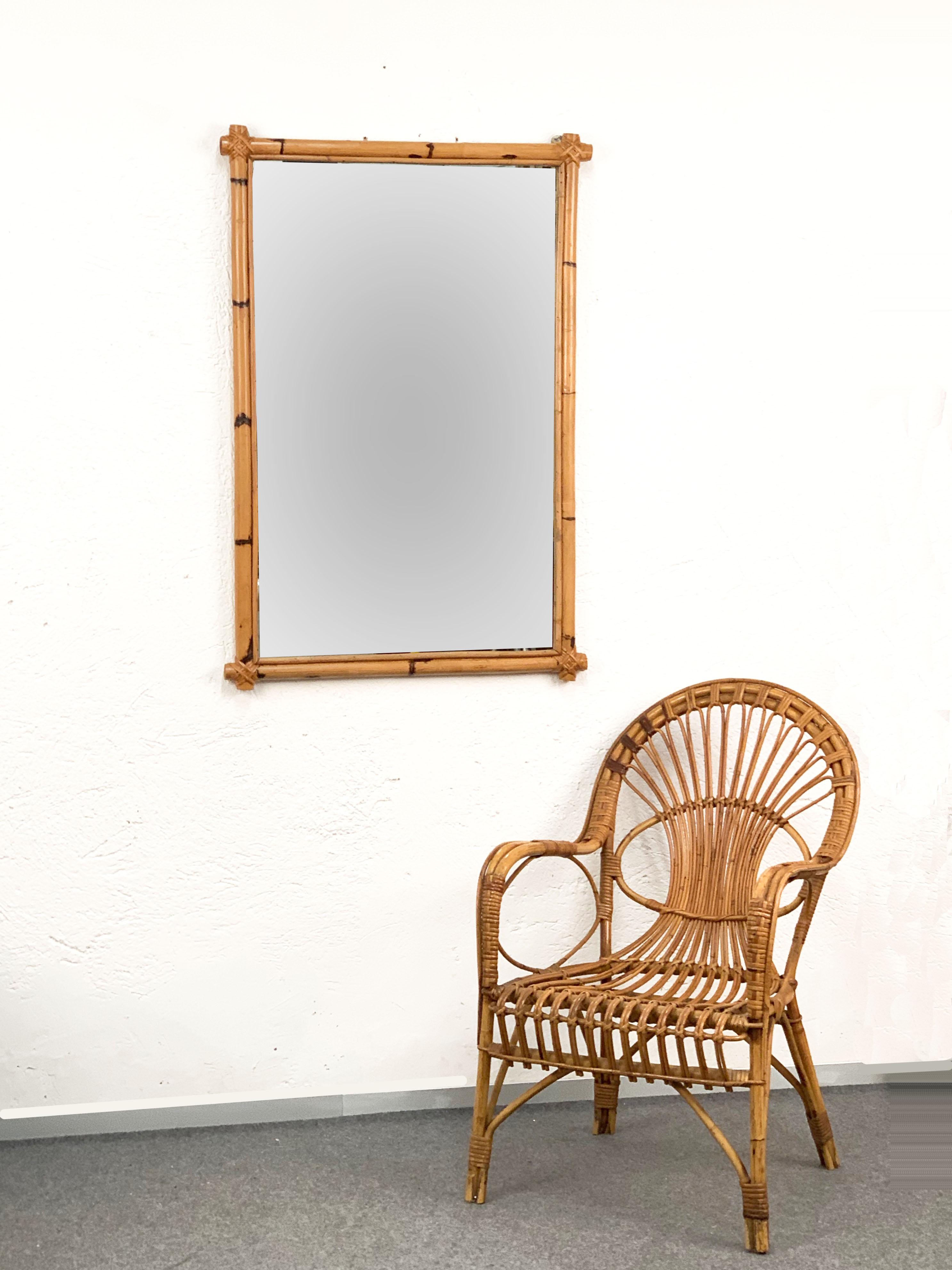 Italian Rectangular Mirror with Bamboo Woven Wicker Frame after Bonacina, 1970s 2