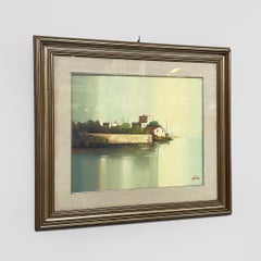 Italian rectangular oil painting with wooden frame of a landscape, 1970s