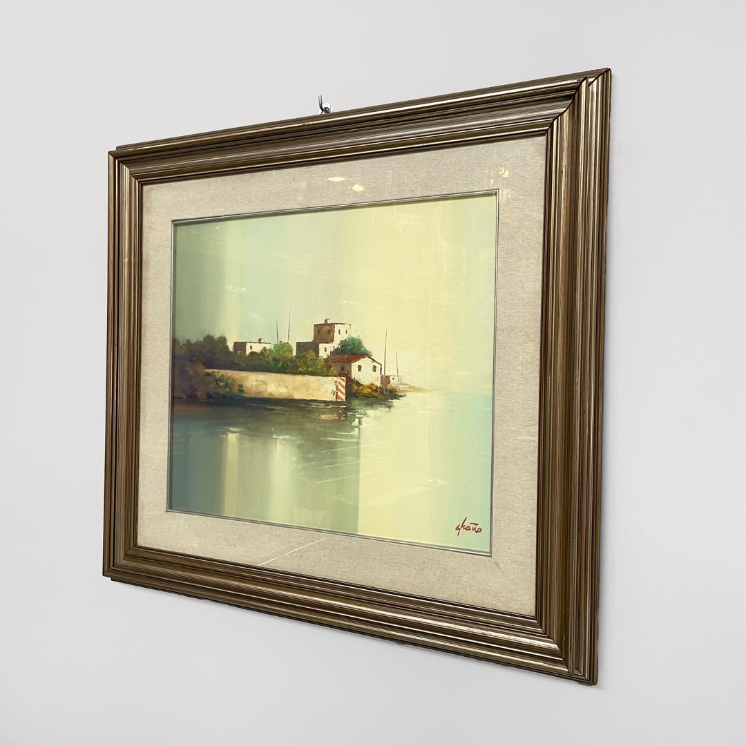 Italian rectangular oil painting with wooden frame of a landscape, 1970s im Zustand „Gut“ im Angebot in MIlano, IT