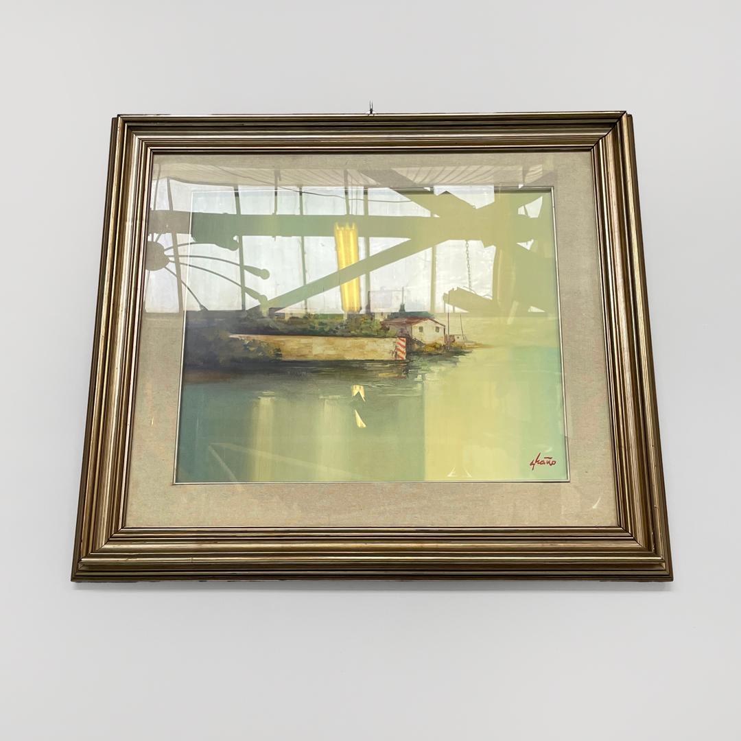 Italian rectangular oil painting with wooden frame of a landscape, 1970s (Late 20th Century) im Angebot