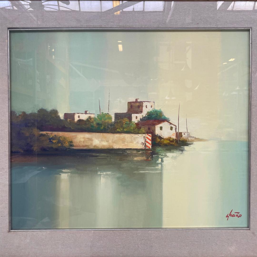 Italian rectangular oil painting with wooden frame of a landscape, 1970s (Stoff) im Angebot