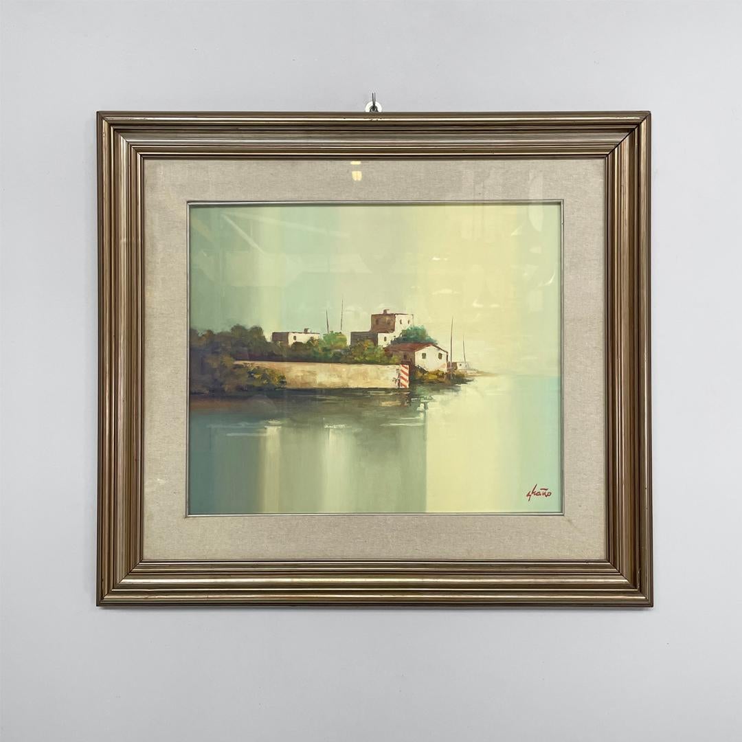 Italian rectangular oil painting with wooden frame of a landscape, 1970s im Angebot