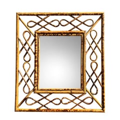 Italian Rectangular Tortoise Bamboo Wall Mirror with Scroll Frame - 1970s