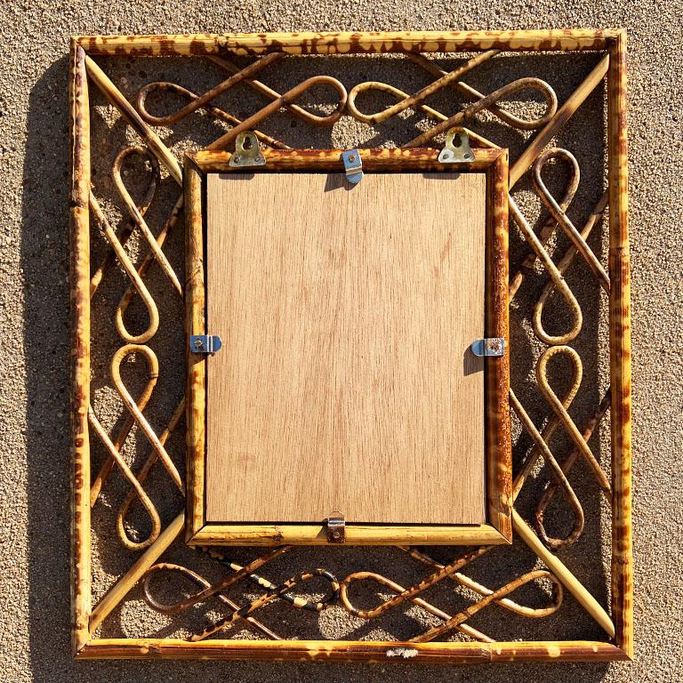 Italian Rectangular Tortoise Bamboo Wall Mirror with Scroll Frame - 1970s In Excellent Condition For Sale In Oklahoma City, OK