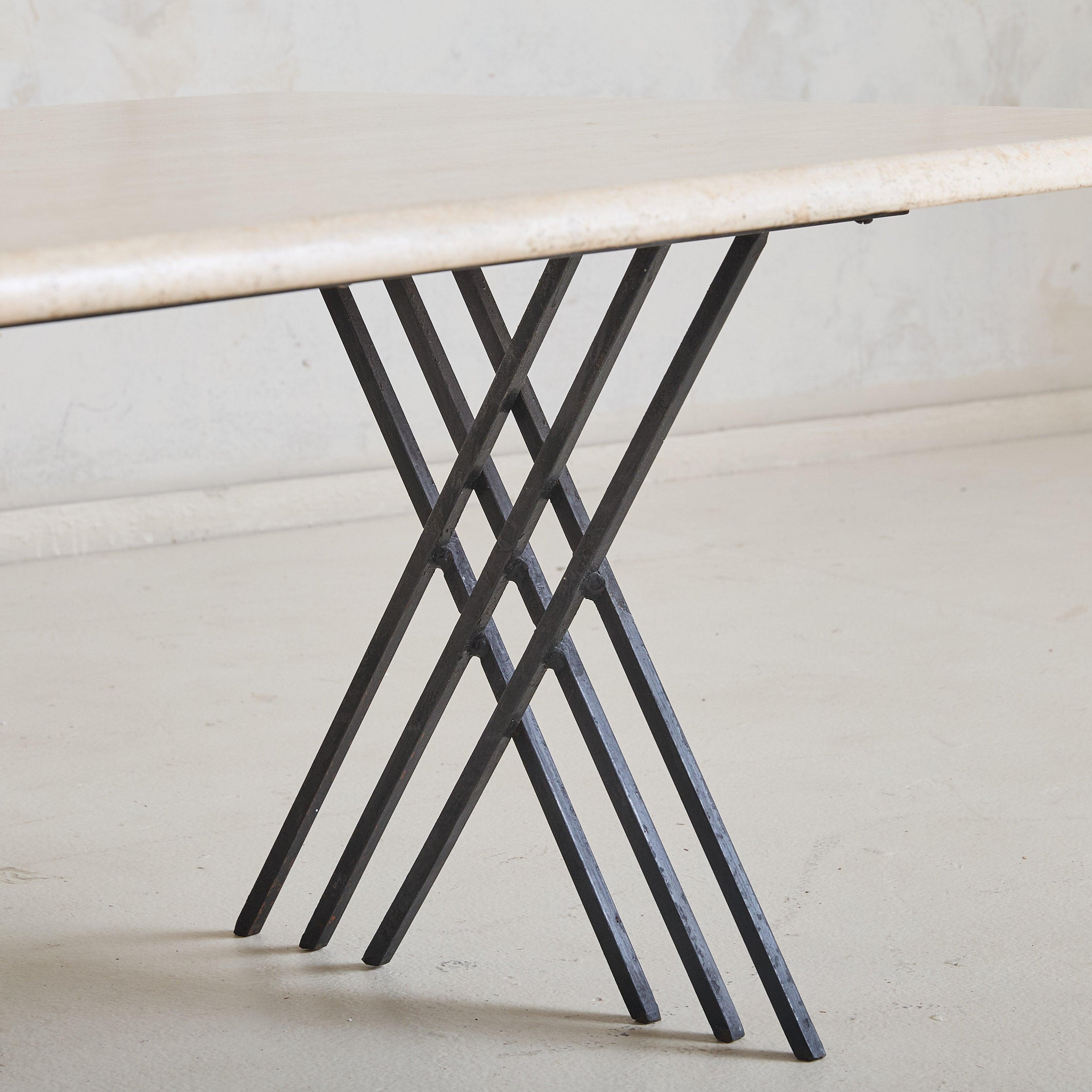 Italian Rectangular Travertine Coffee Table with Iron Base, 1970s In Good Condition In Chicago, IL