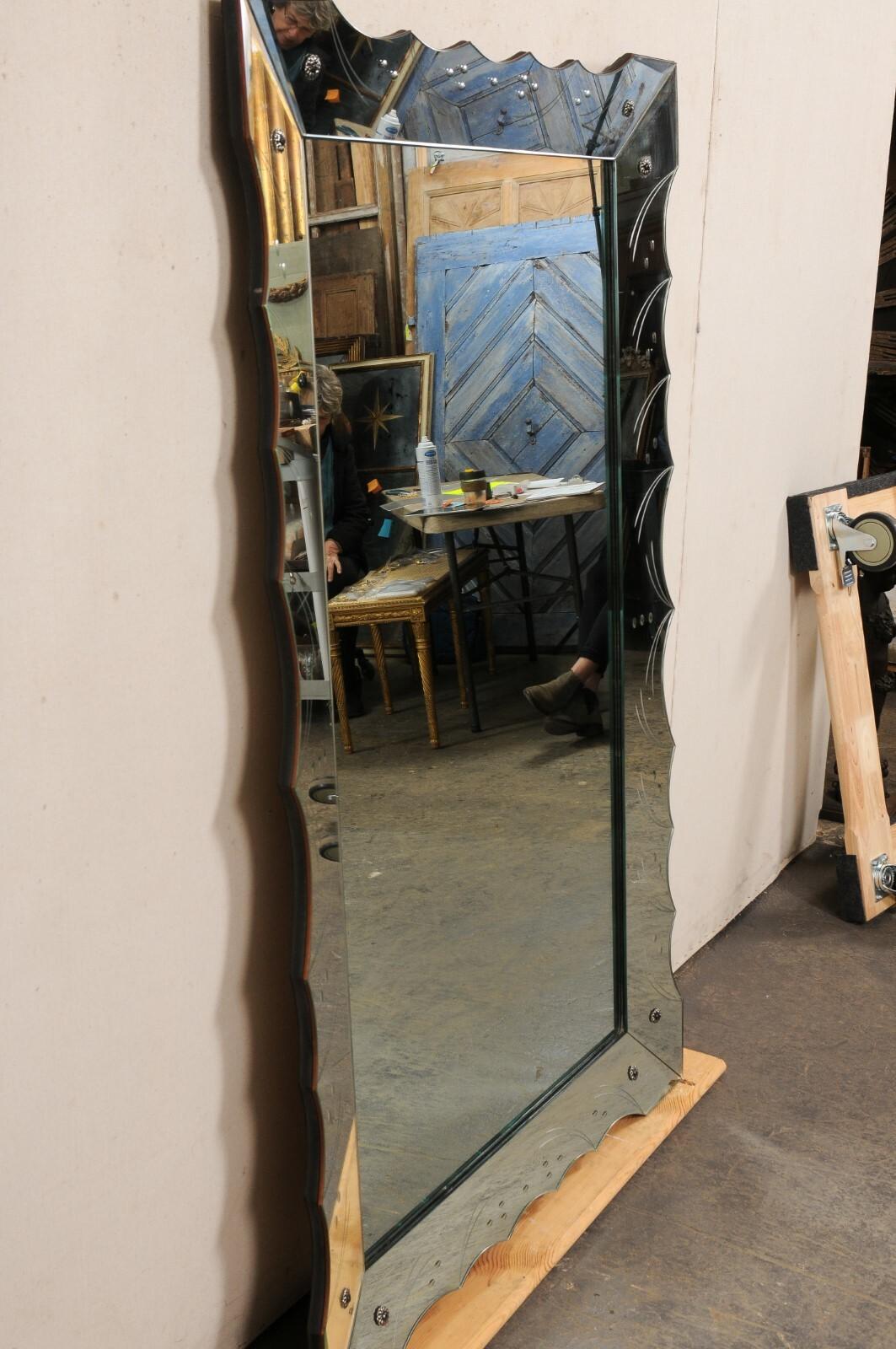 Italian Rectangular Wall Mirror w/Scalloped & Etched Mirror Surround, 5.5 Ft For Sale 6