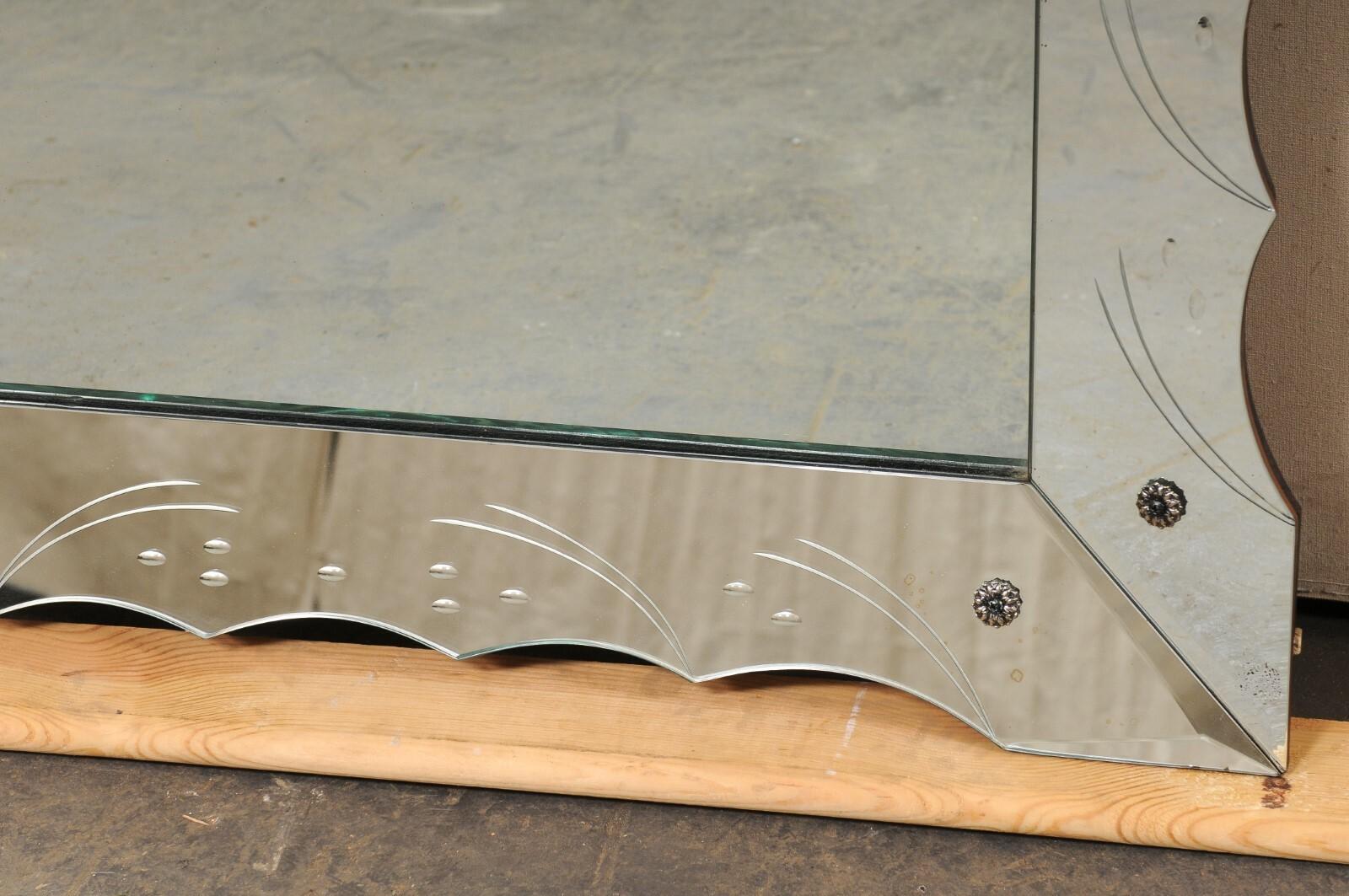 Italian Rectangular Wall Mirror w/Scalloped & Etched Mirror Surround, 5.5 Ft For Sale 7