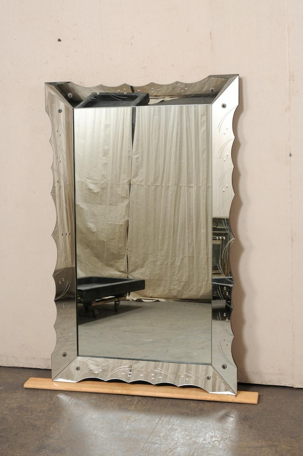 Italian Rectangular Wall Mirror w/Scalloped & Etched Mirror Surround, 5.5 Ft In Good Condition For Sale In Atlanta, GA