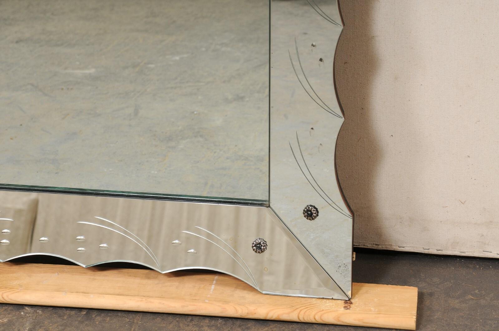 20th Century Italian Rectangular Wall Mirror w/Scalloped & Etched Mirror Surround, 5.5 Ft For Sale