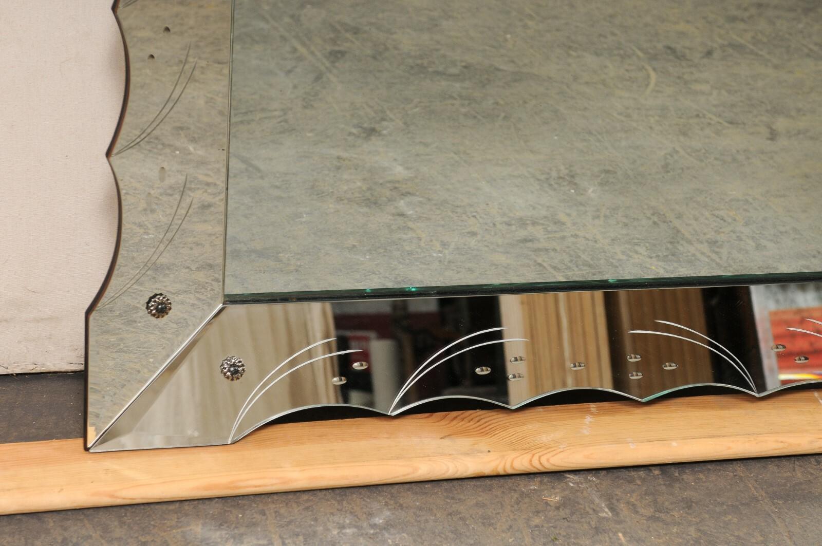 Italian Rectangular Wall Mirror w/Scalloped & Etched Mirror Surround, 5.5 Ft For Sale 1