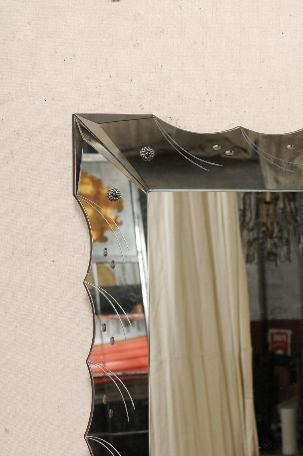 Italian Rectangular Wall Mirror w/Scalloped & Etched Mirror Surround, 5.5 Ft For Sale 2