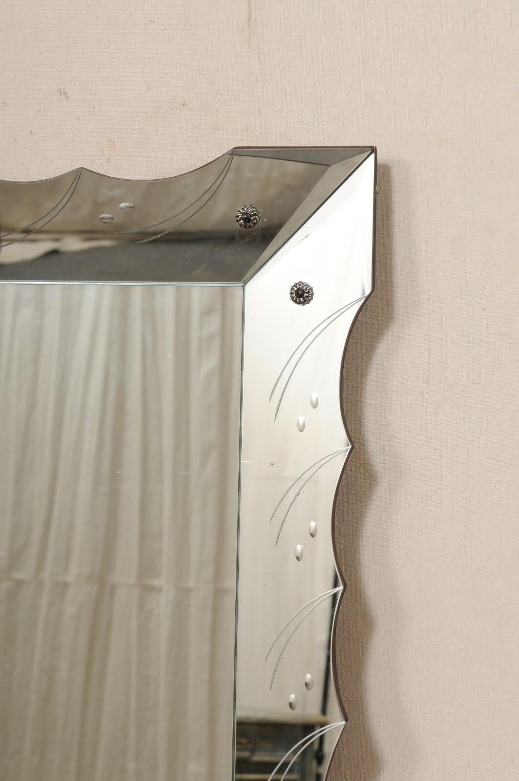 Italian Rectangular Wall Mirror w/Scalloped & Etched Mirror Surround, 5.5 Ft For Sale 3