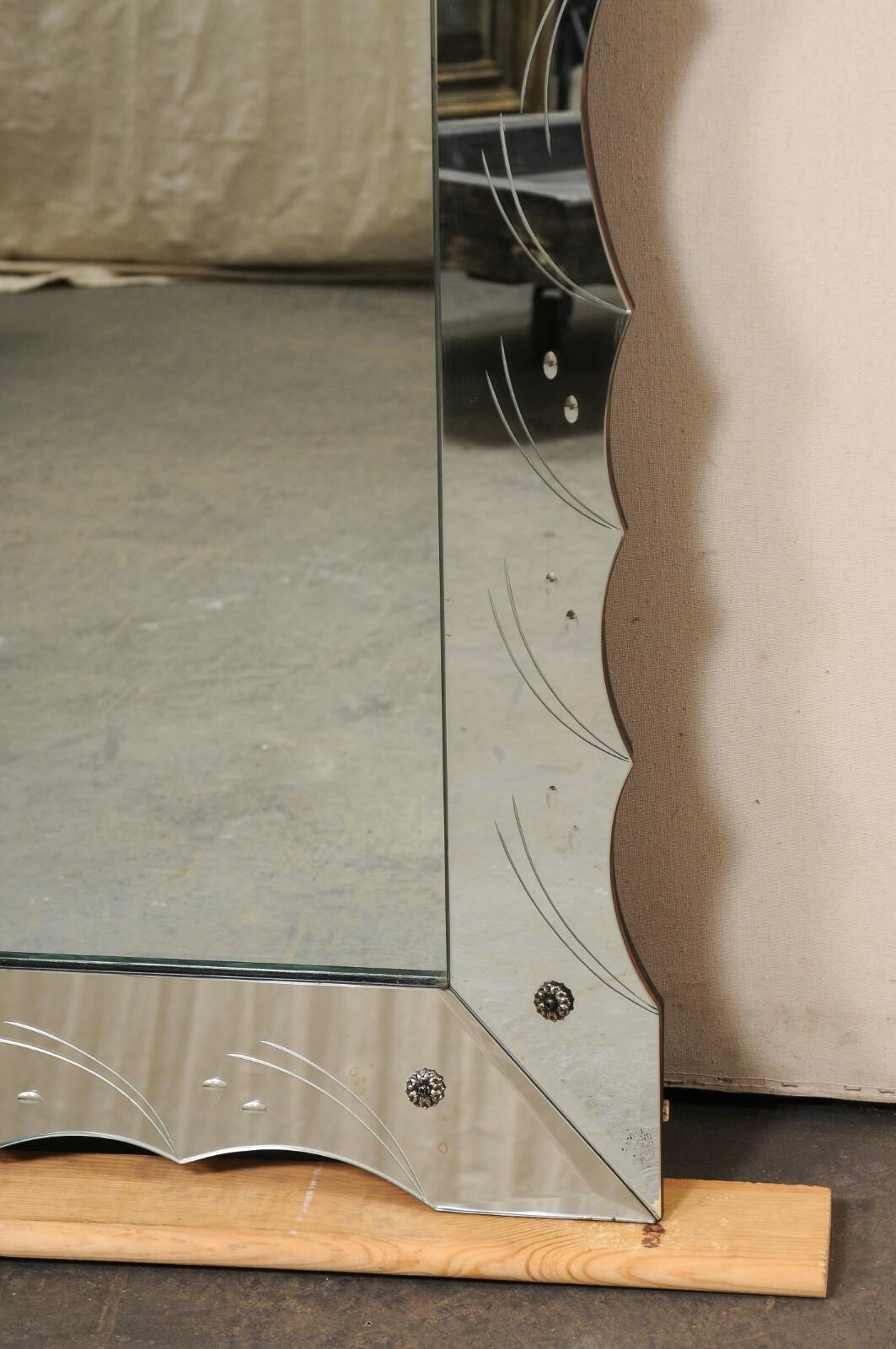 Italian Rectangular Wall Mirror w/Scalloped & Etched Mirror Surround, 5.5 Ft For Sale 4