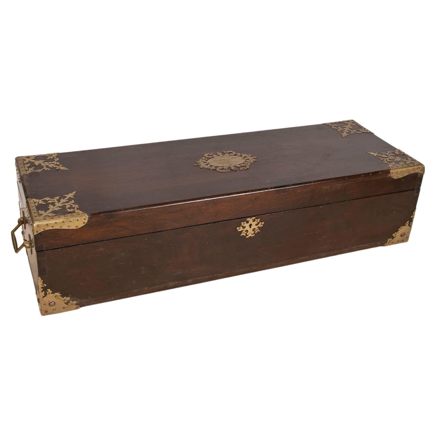 Italian Rectangular Wooden Box with Metal Decorations and Inscription dated 1891 For Sale
