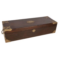 Italian Rectangular Wooden Box with Metal Decorations and Inscription dated 1891