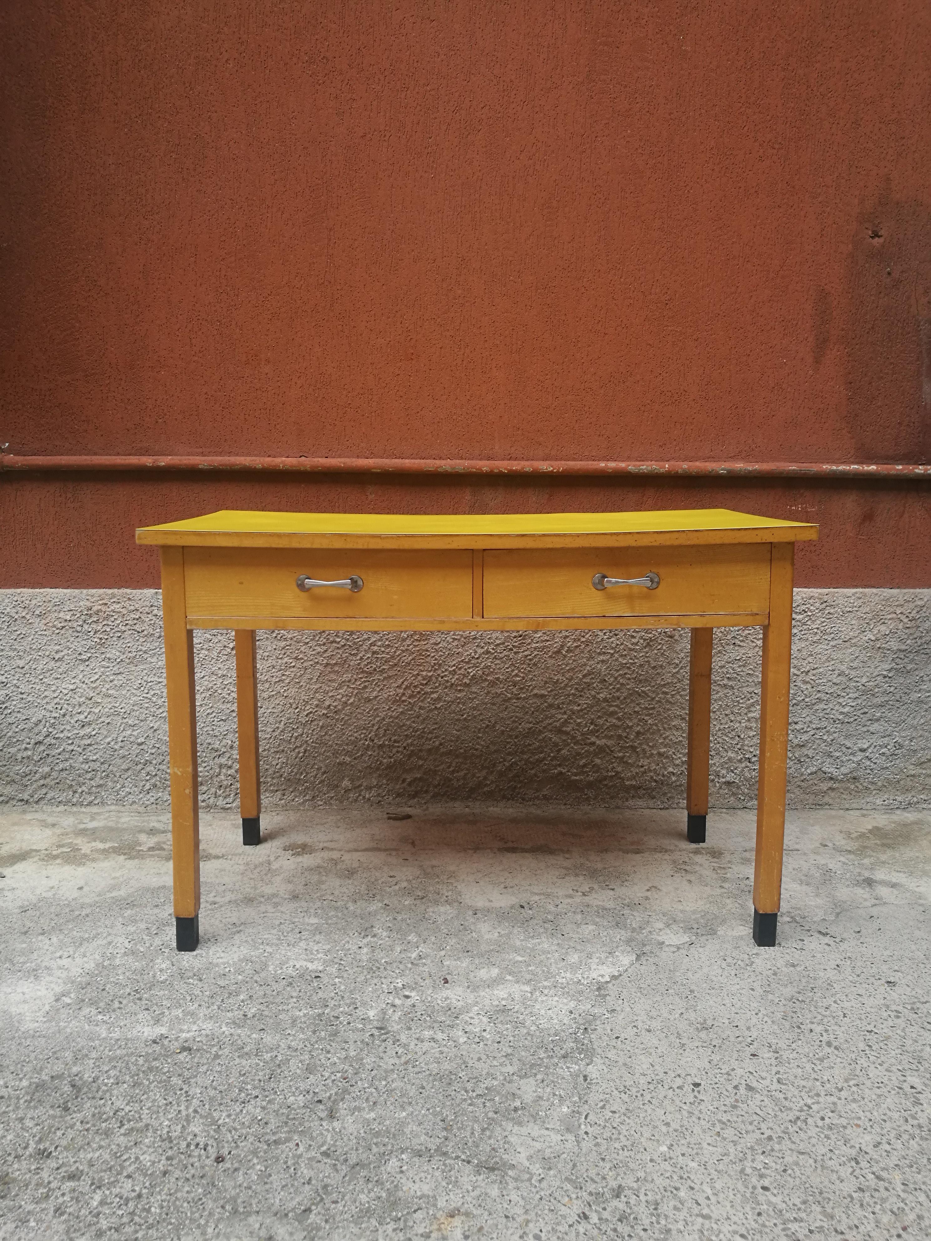 Mid-Century Modern Italian Rectangular Yellow Table with Two Drawers and Chromed Handles, 1960