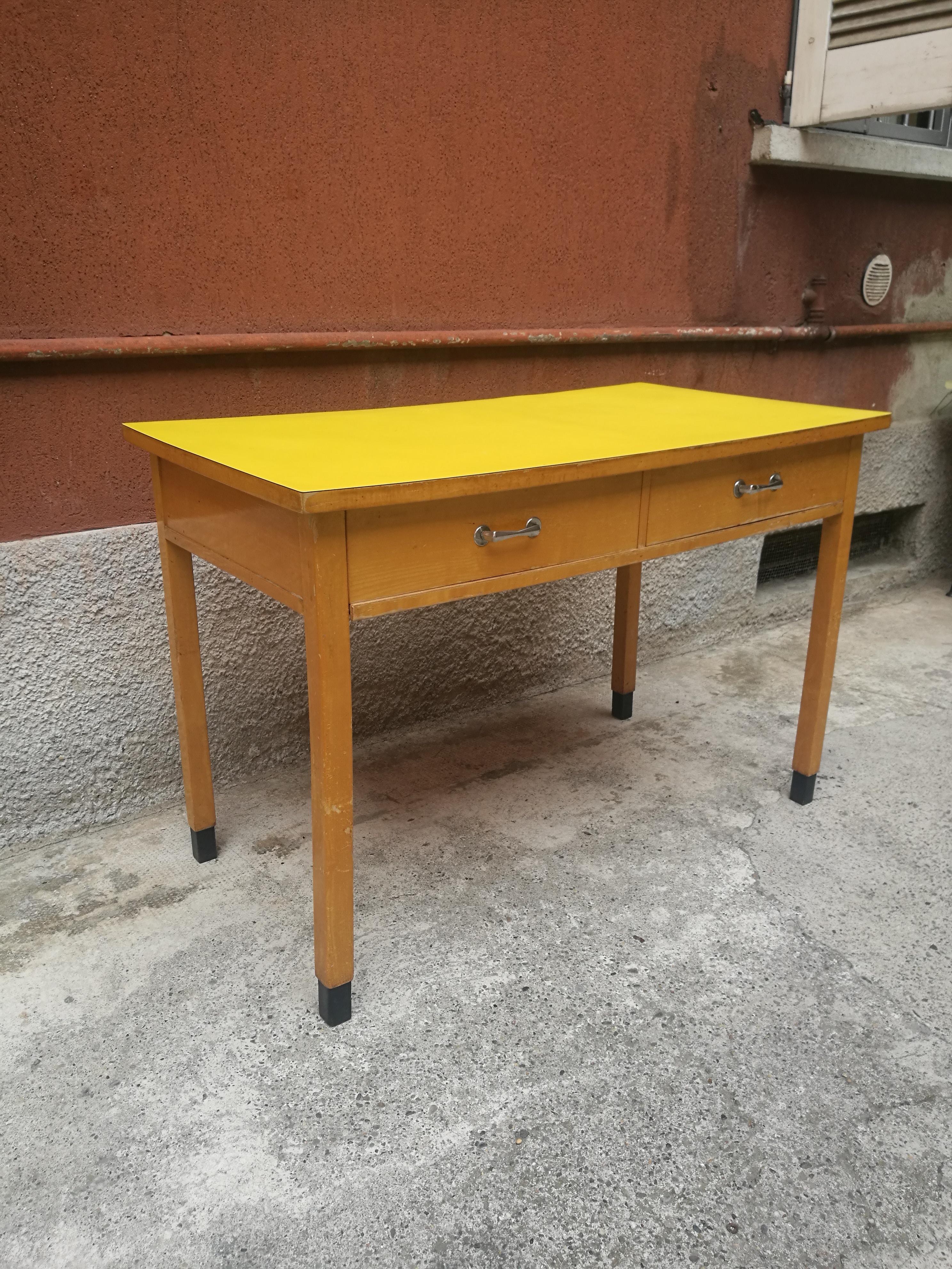 Italian Rectangular Yellow Table with Two Drawers and Chromed Handles, 1960 In Good Condition In MIlano, IT