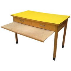 Vintage Italian Rectangular Yellow Table with Two Drawers and Chromed Handles, 1960