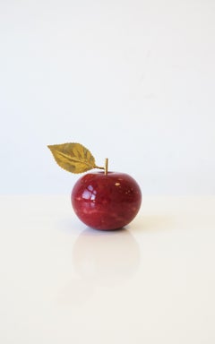 Italian Red Alabaster Marble Apple with Brass Gold Leaf