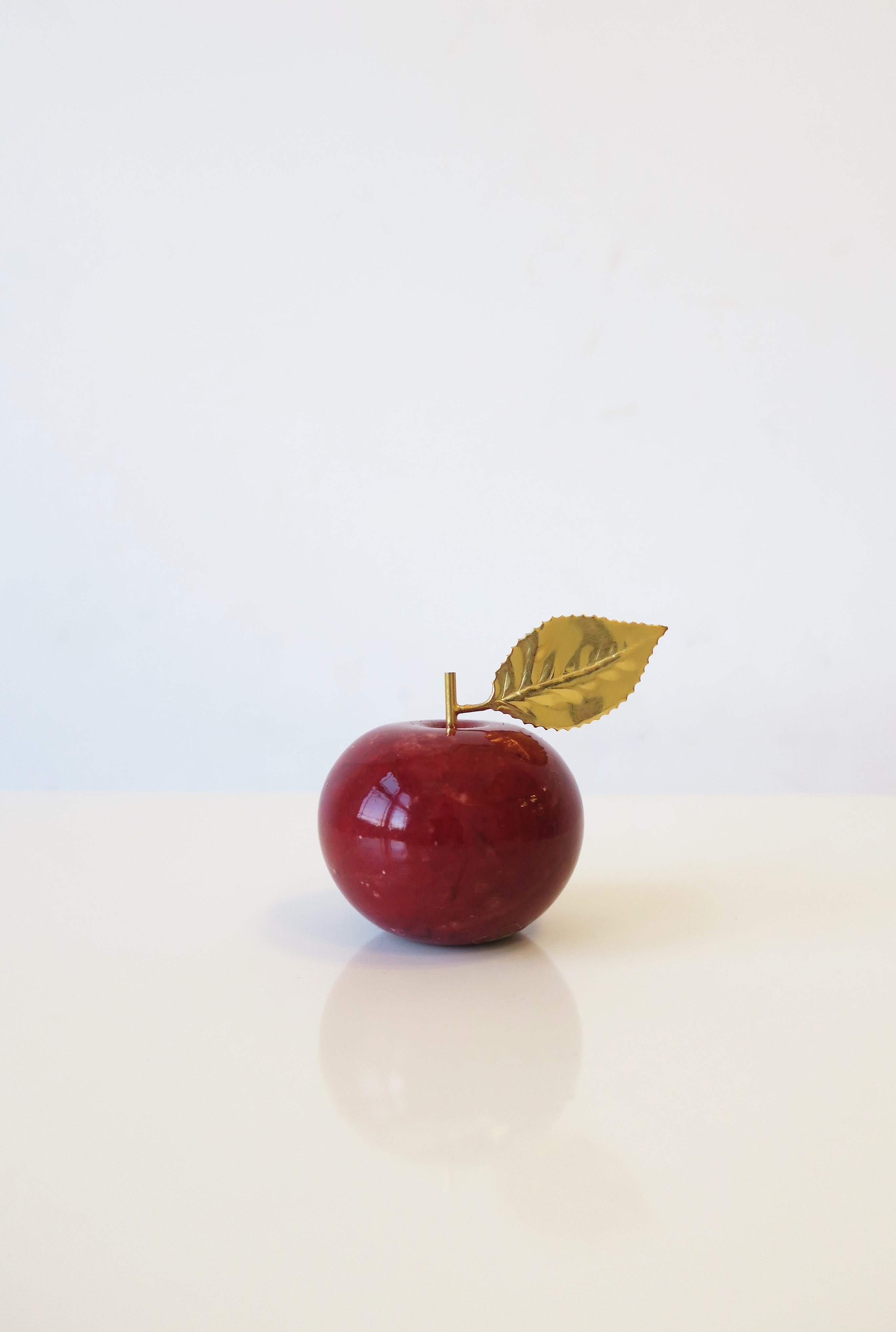 Modern Italian Red Alabaster Marble Apple with Brass Gold Leaf