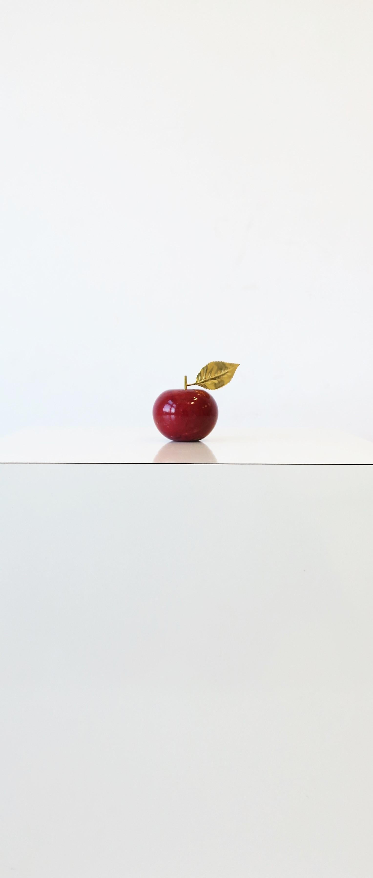 Italian Red Alabaster Marble Apple with Brass Gold Leaf 3
