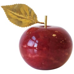Italian Red Alabaster Marble Apple with Brass Gold Leaf