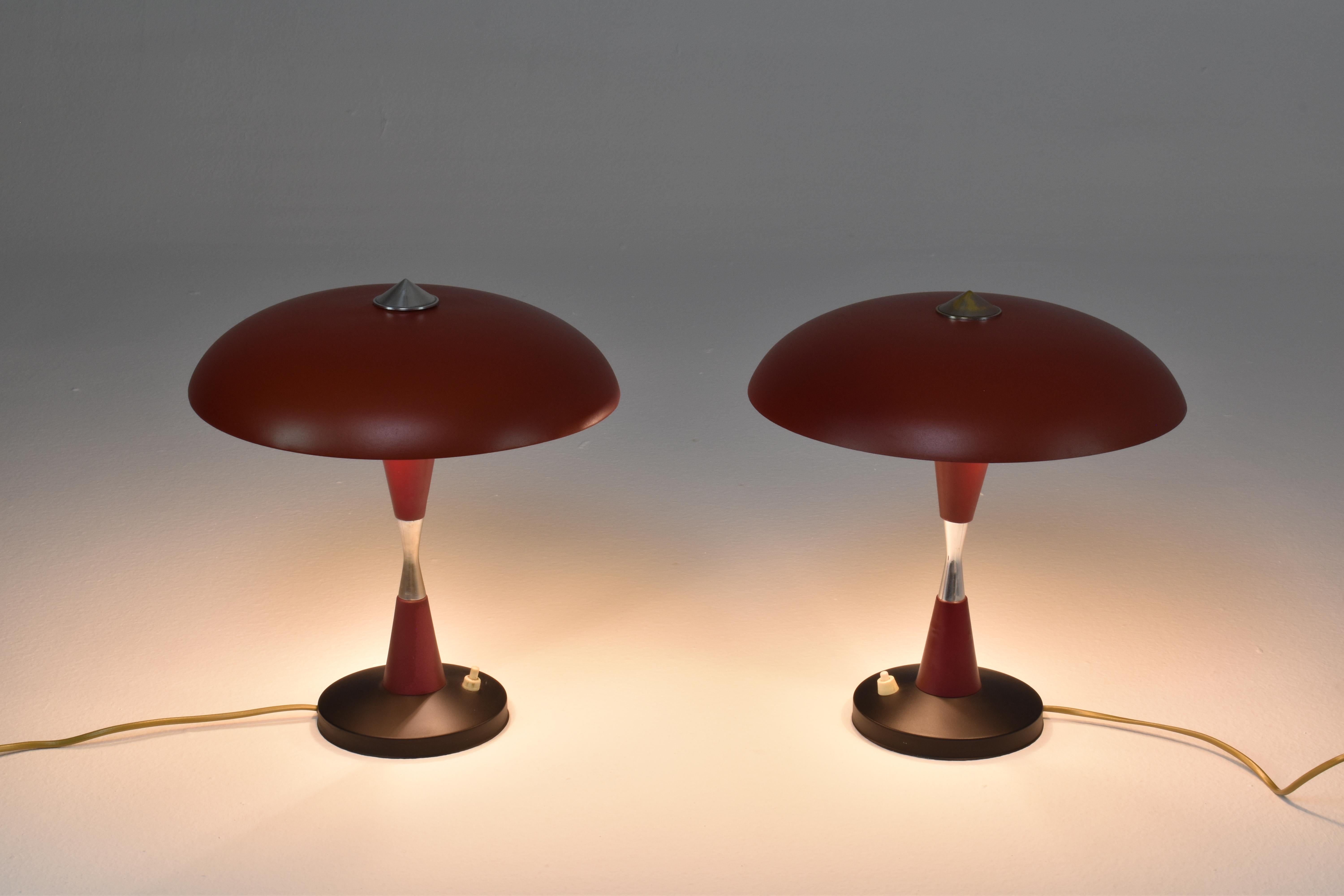Art Deco Italian Red Aluminum Table Lamps, Set of Two, 1960s