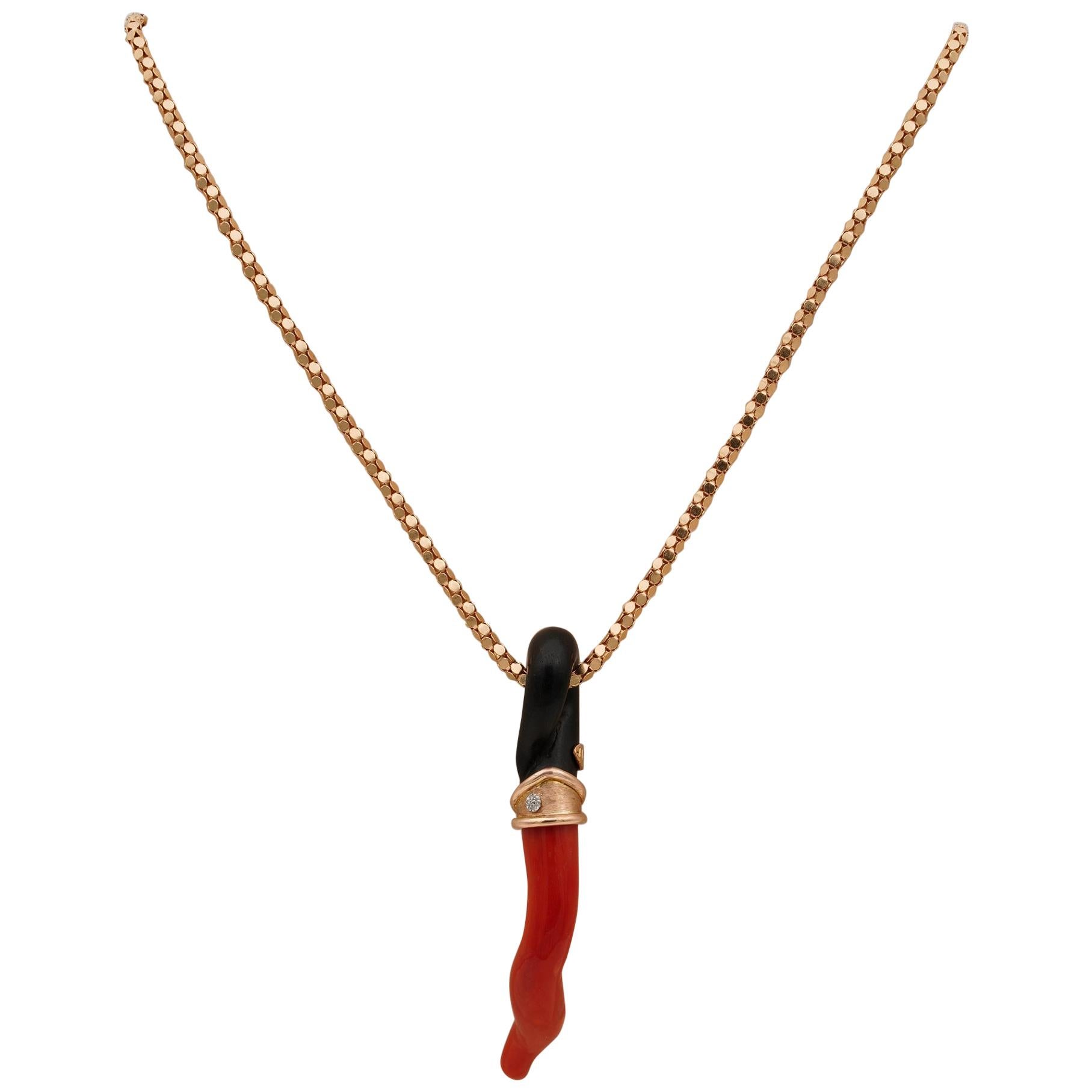 Italian Red and Black Natural Coral Diamond Big Cornicello with Snake Chain For Sale