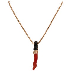 Italian Red and Black Natural Coral Diamond Big Cornicello with Snake Chain