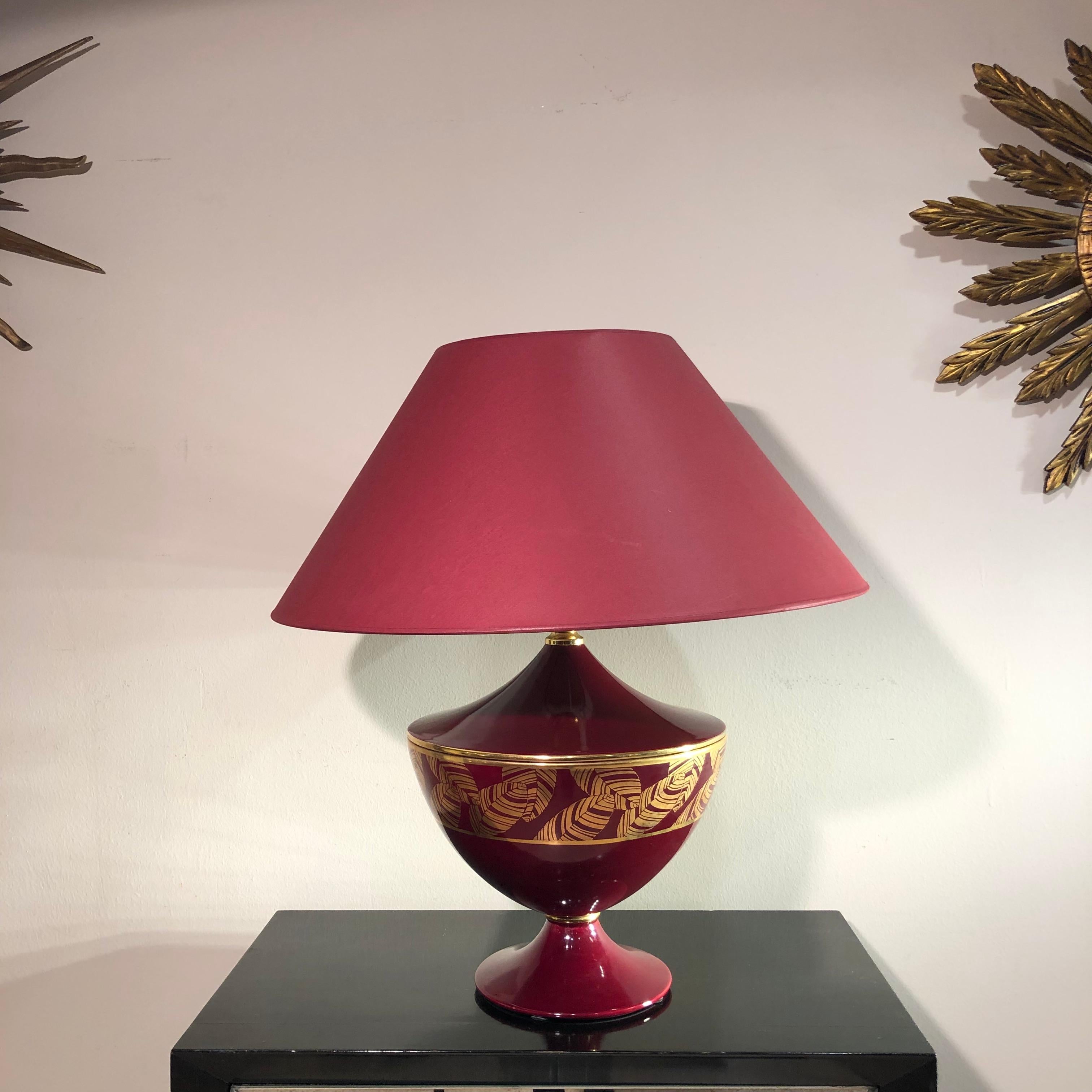 Post-Modern Italian Red and Gold Floral Details Ceramic Table Lamps, 1980s Bosa Production