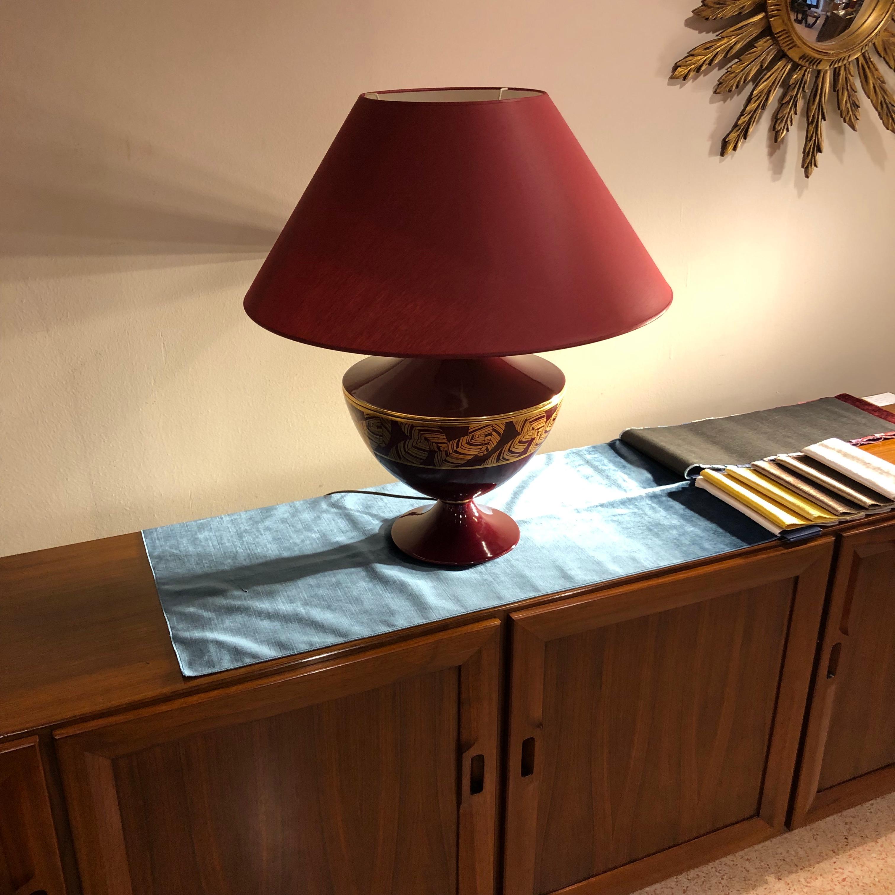 Italian Red and Gold Floral Details Ceramic Table Lamps, 1980s Bosa Production 2