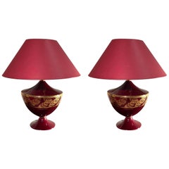 Italian Red and Gold Floral Details Ceramic Table Lamps, 1980s Bosa Production