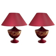 Italian Red and Gold Floral Details Ceramic Table Lamps, 1980s Bosa Production