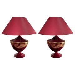 Lampes de bureau italiennes en céramique rouge et or avec détails floraux, production Bosa des années 1980