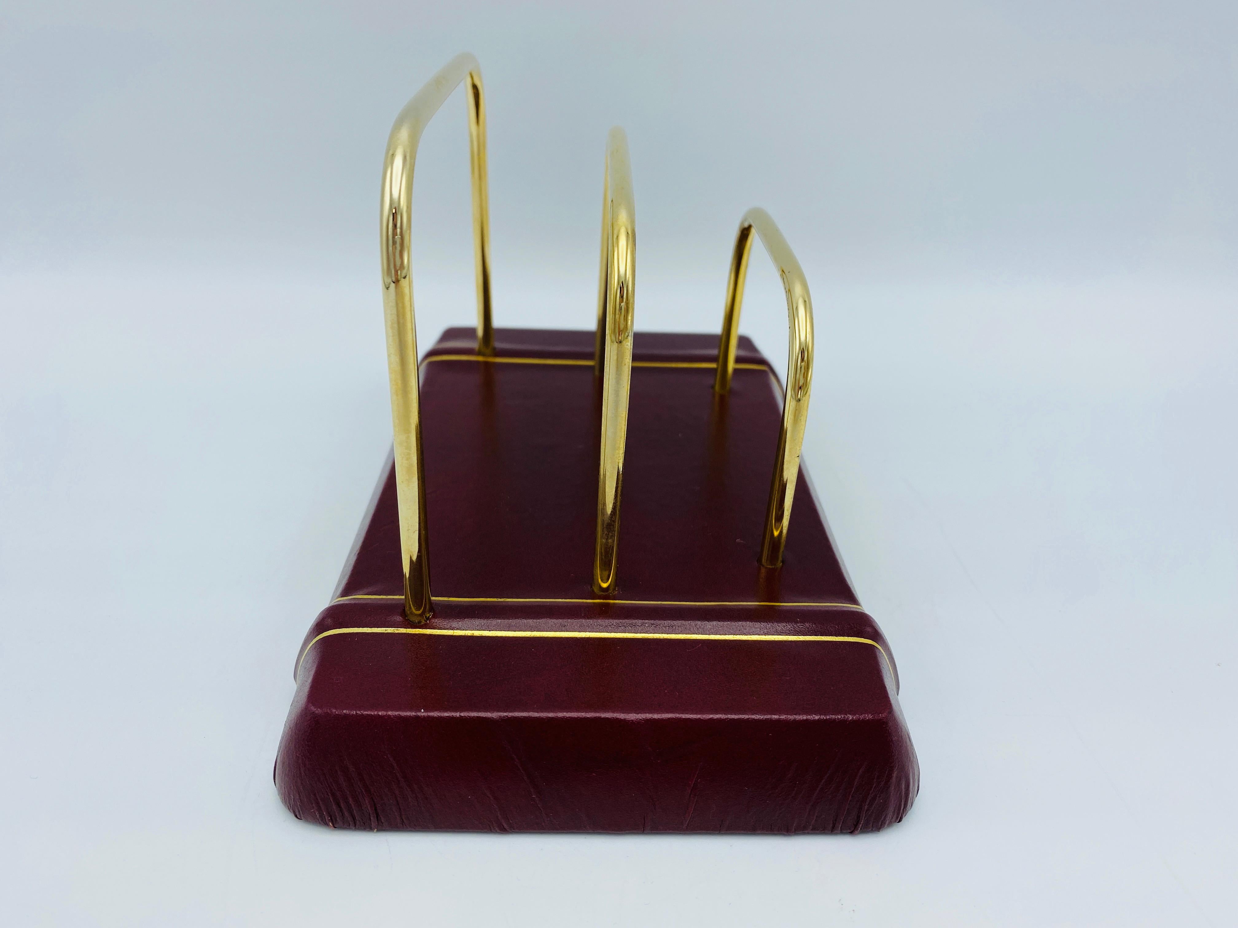 Hollywood Regency Italian Red and Gold Leather and Brass Letter Organizer, 1980s