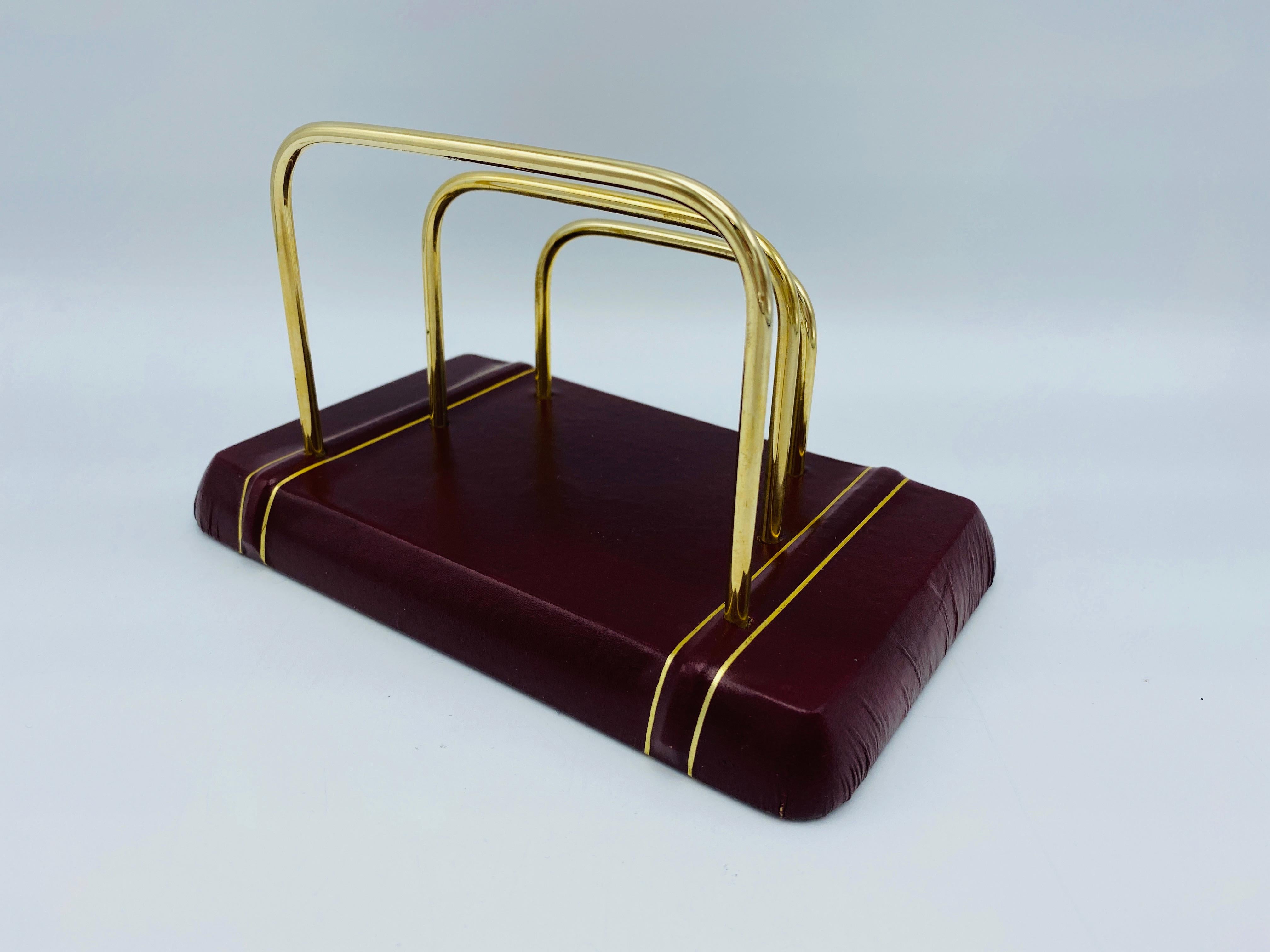 Italian Red and Gold Leather and Brass Letter Organizer, 1980s In Good Condition In Richmond, VA