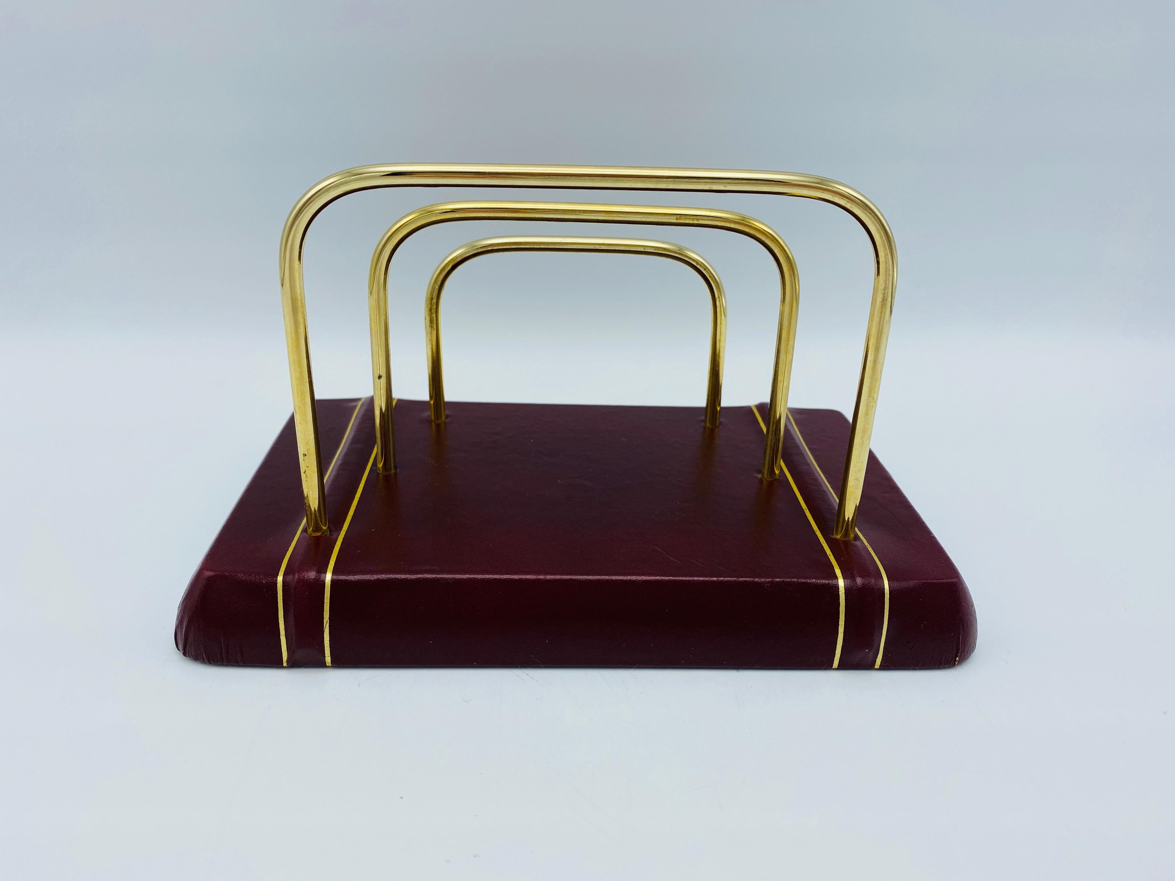 20th Century Italian Red and Gold Leather and Brass Letter Organizer, 1980s