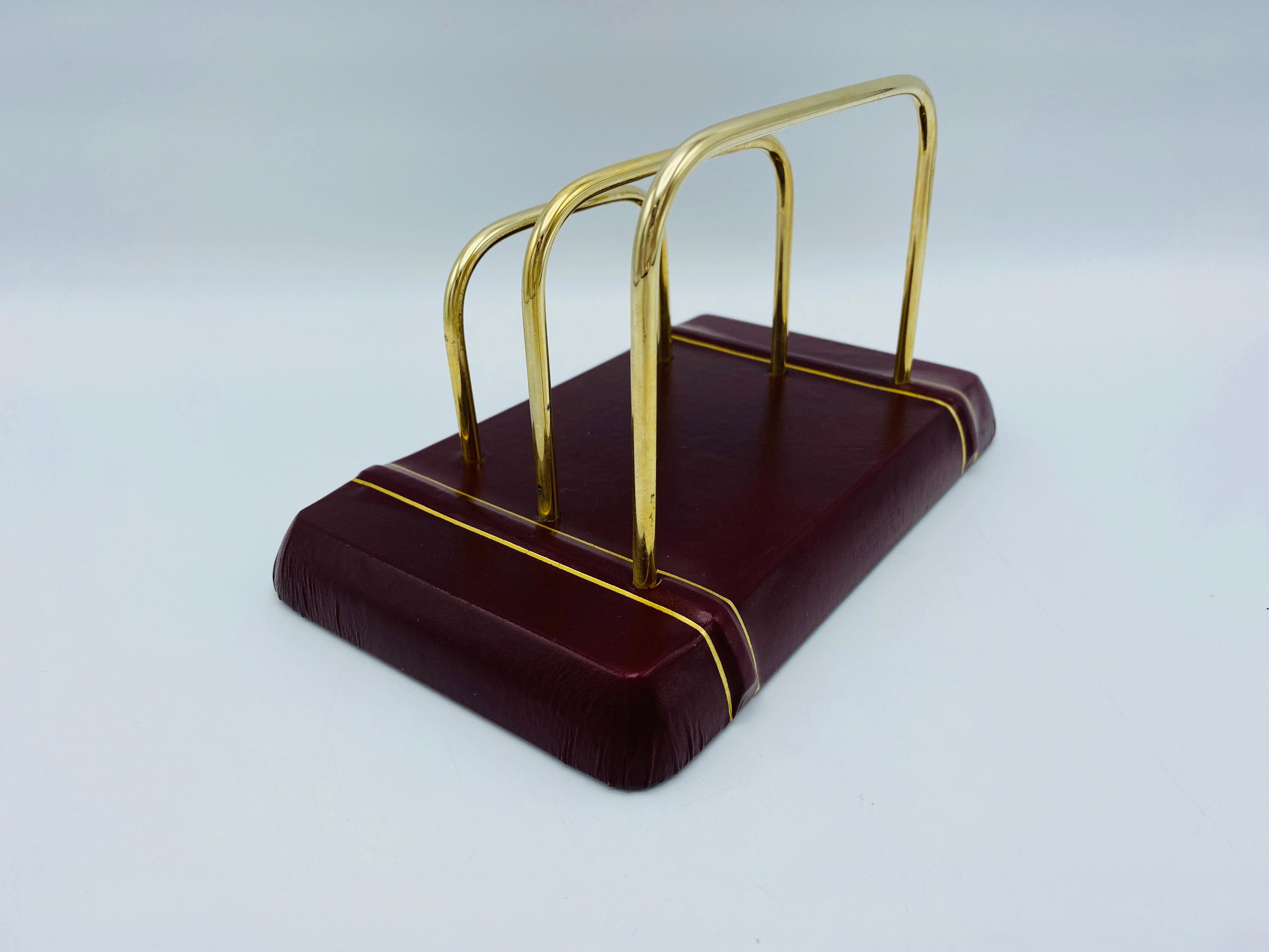 Italian Red and Gold Leather and Brass Letter Organizer, 1980s 1