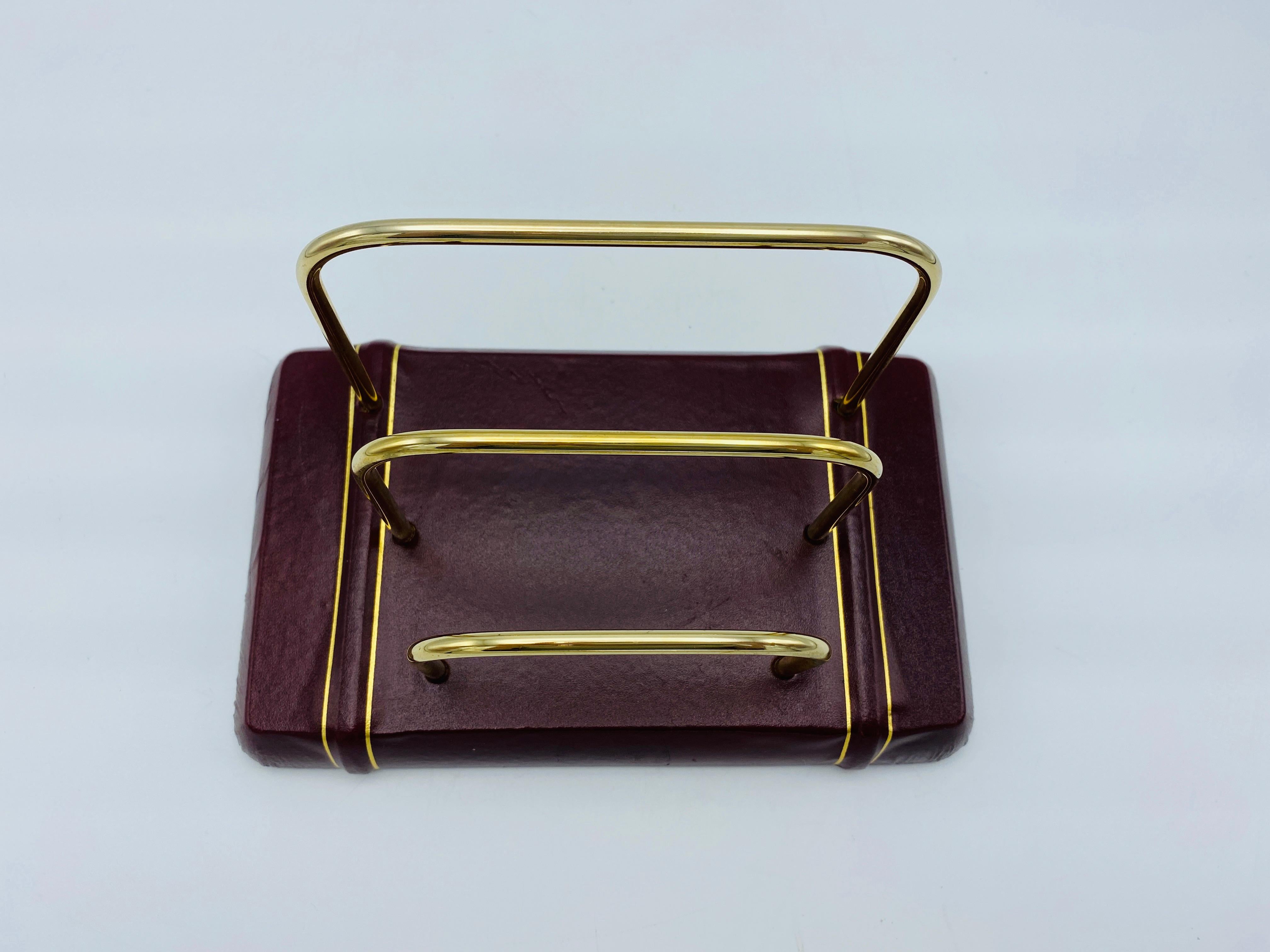 Italian Red and Gold Leather and Brass Letter Organizer, 1980s 3