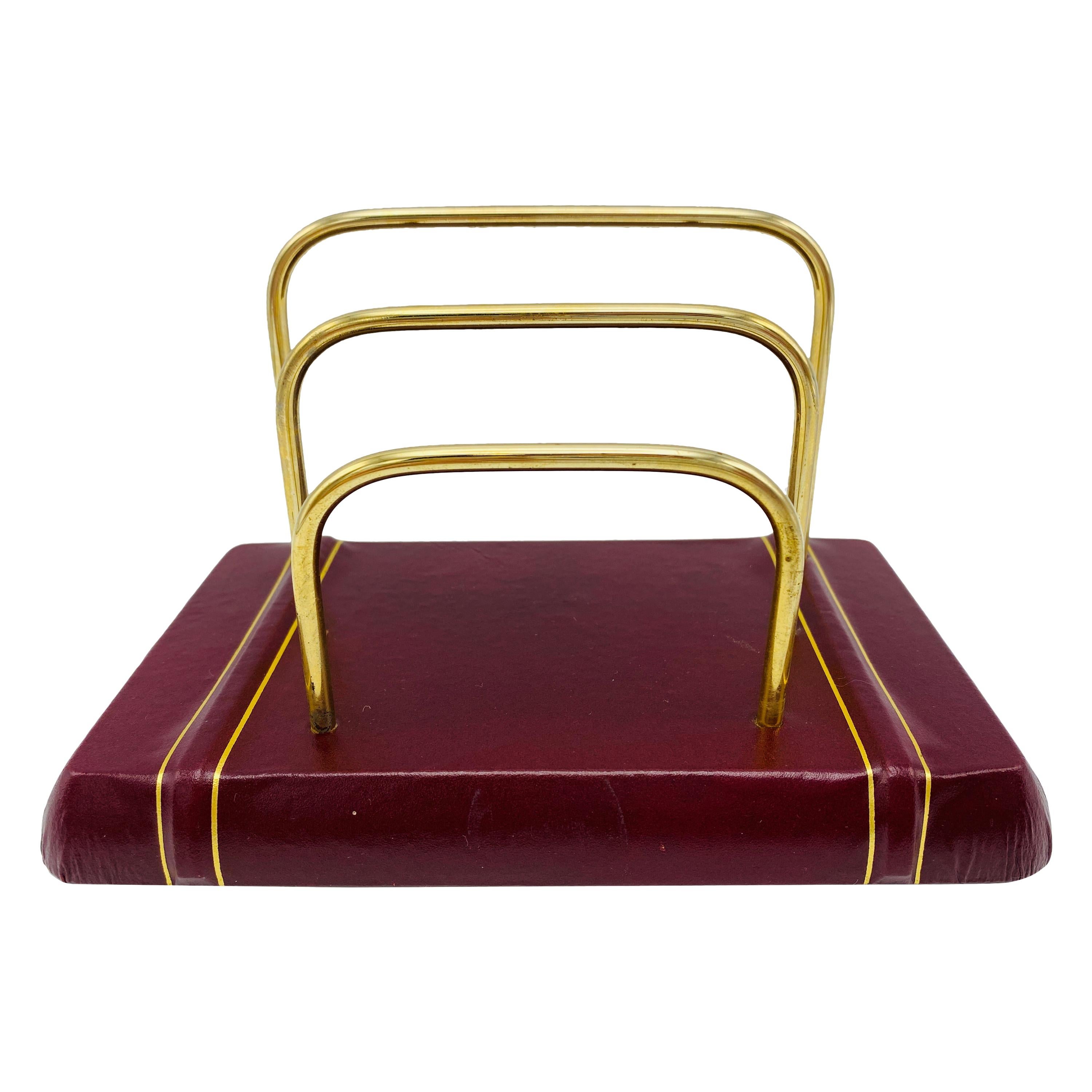 Italian Red and Gold Leather and Brass Letter Organizer, 1980s