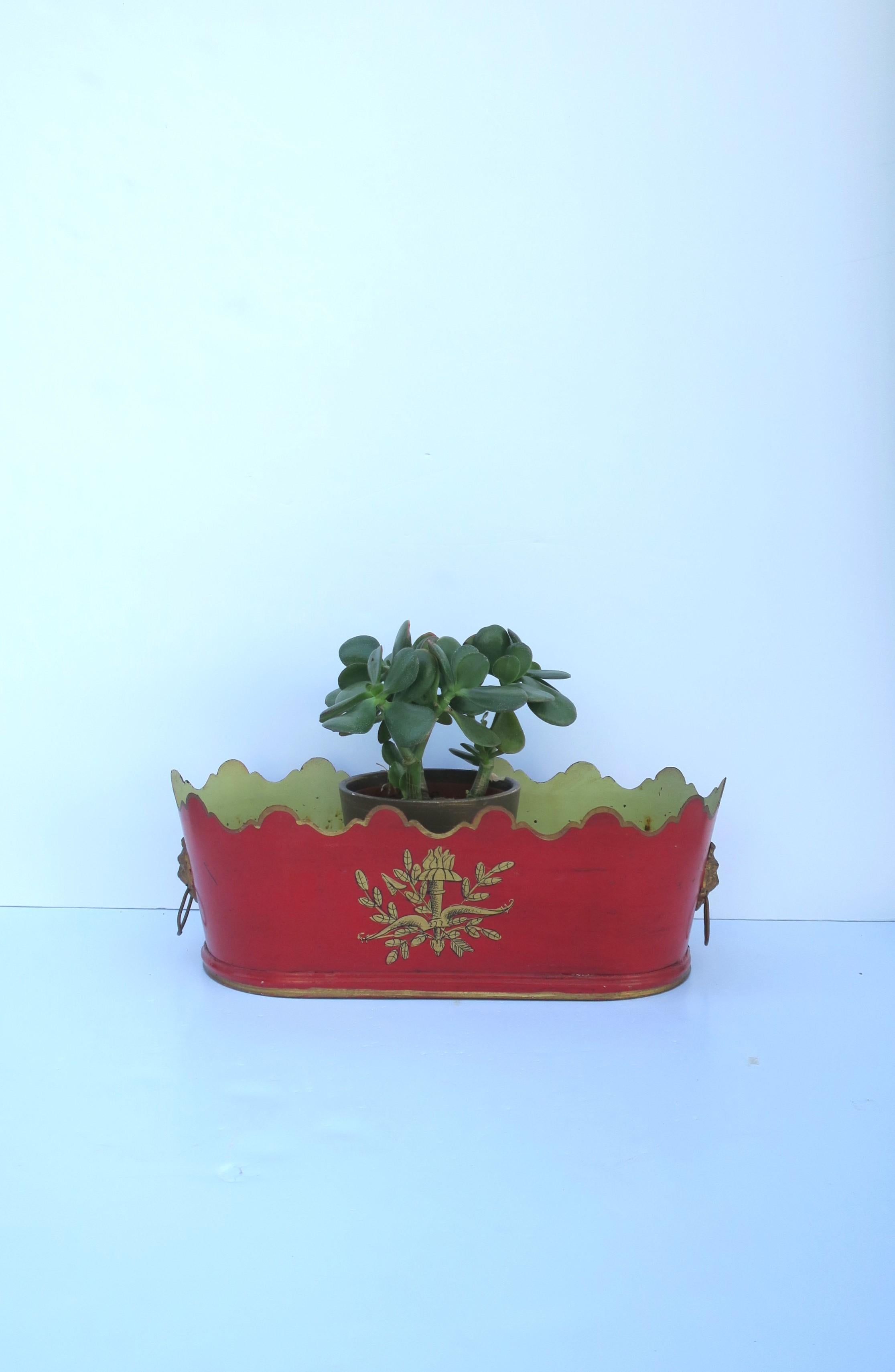 Italian Red and Gold Tole Planter Cachepot Jardiniere with Lion Head Design 4