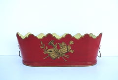 Italian Red and Gold Tole Planter Cachepot Jardiniere with Lion Head Design