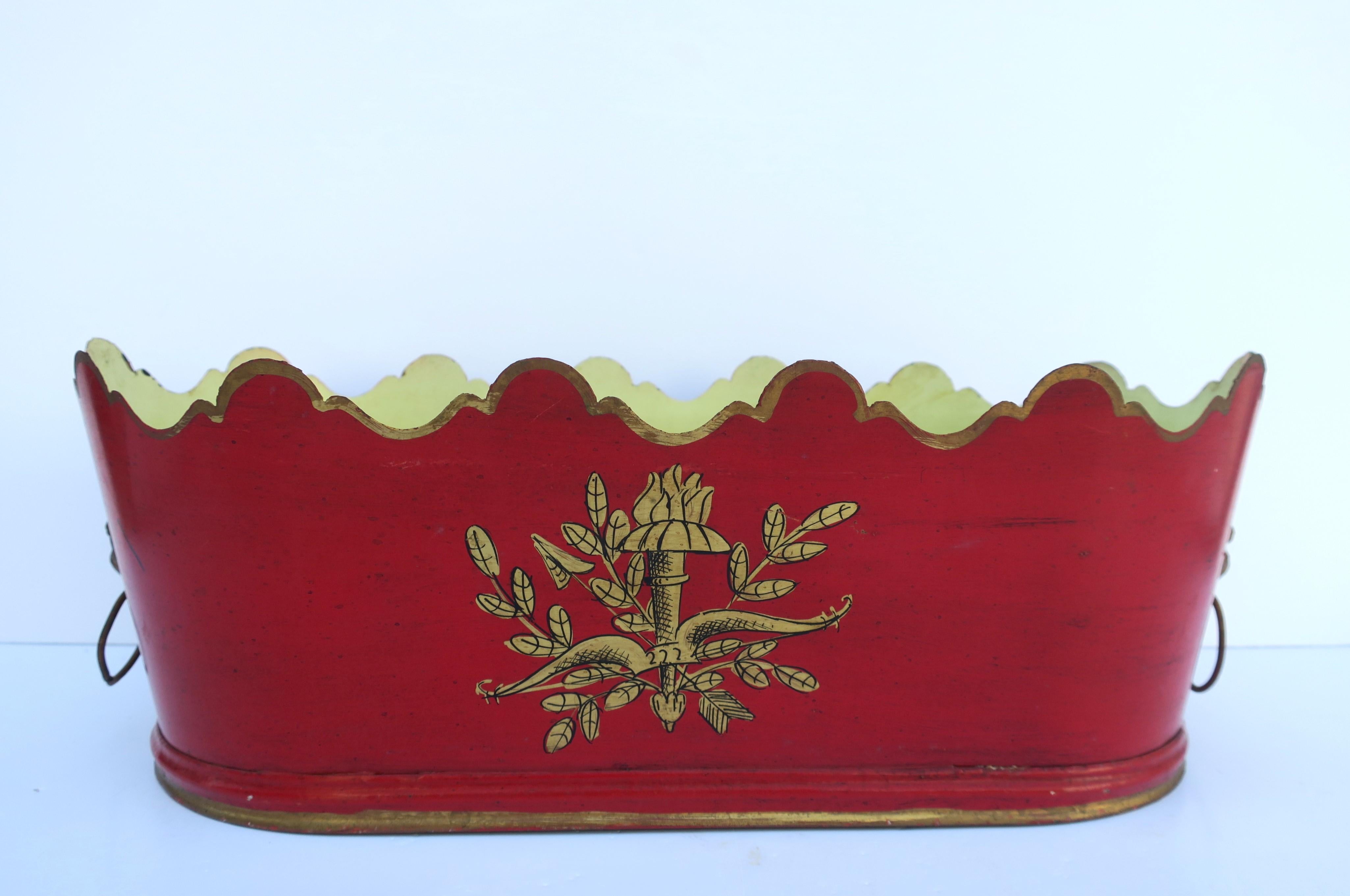 Regency Italian Red and Gold Tole Planter Cachepot Jardiniere with Lion Head Design