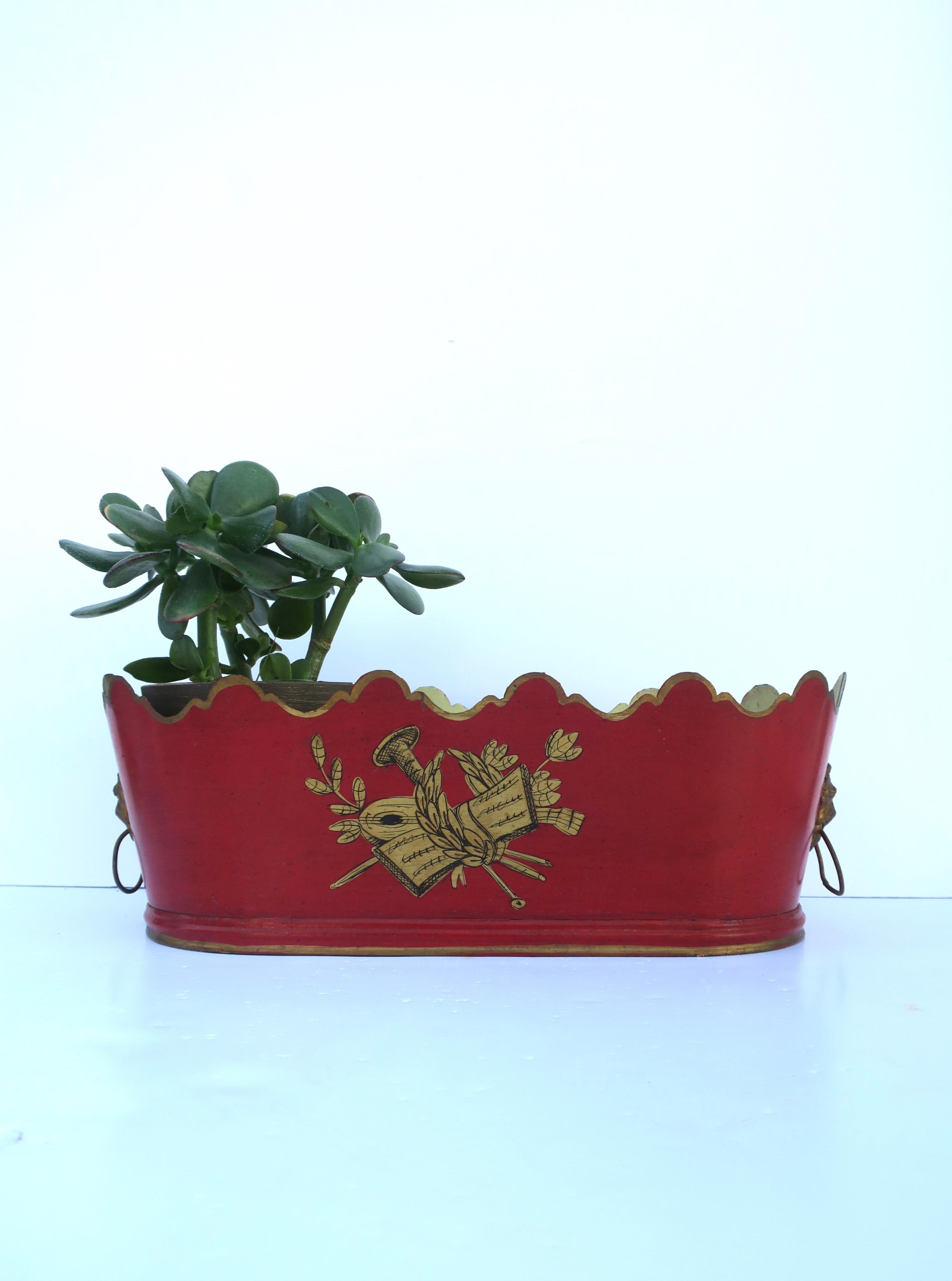 Metal Italian Red and Gold Tole Planter Cachepot Jardiniere with Lion Head Design