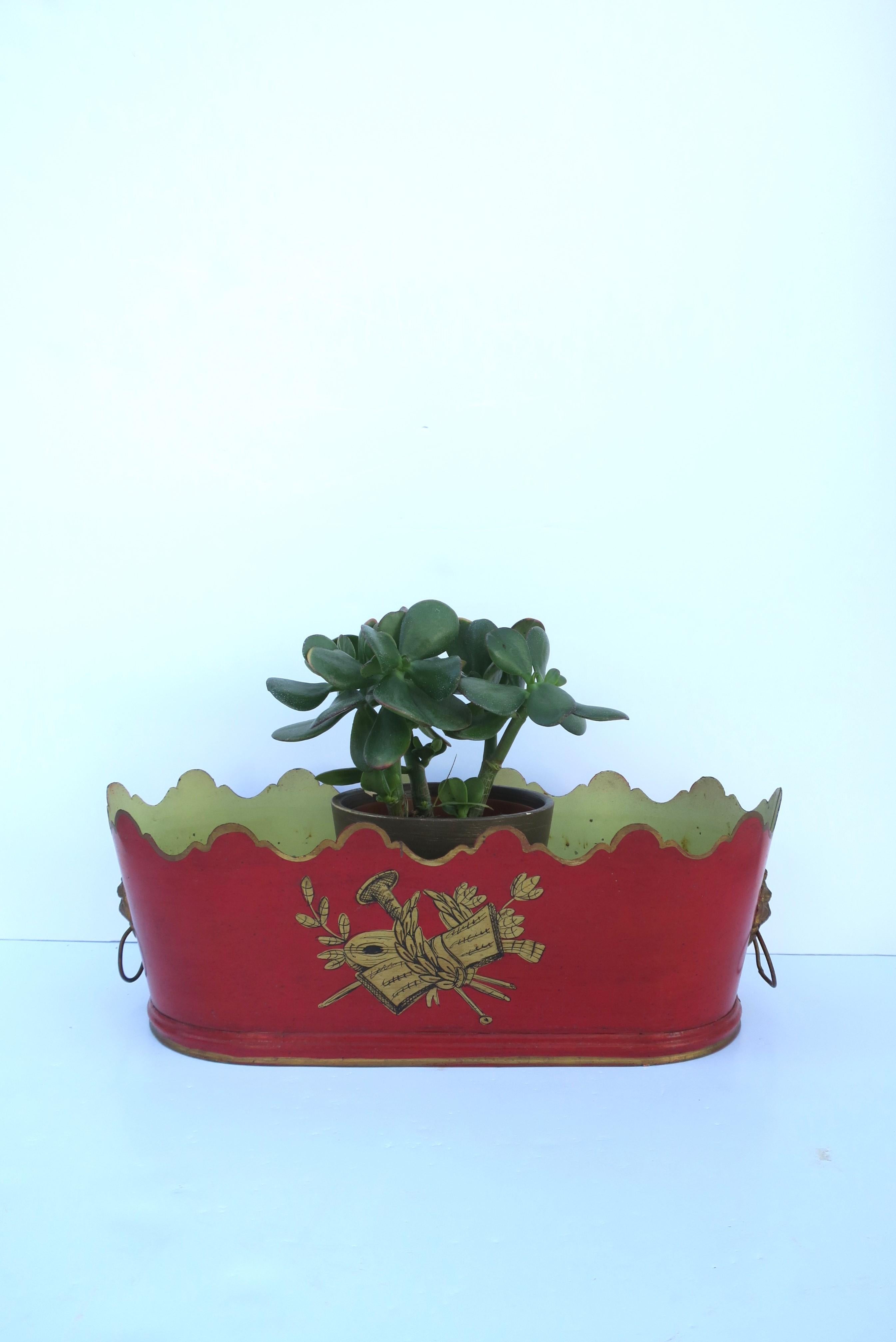 Italian Red and Gold Tole Planter Cachepot Jardiniere with Lion Head Design 1