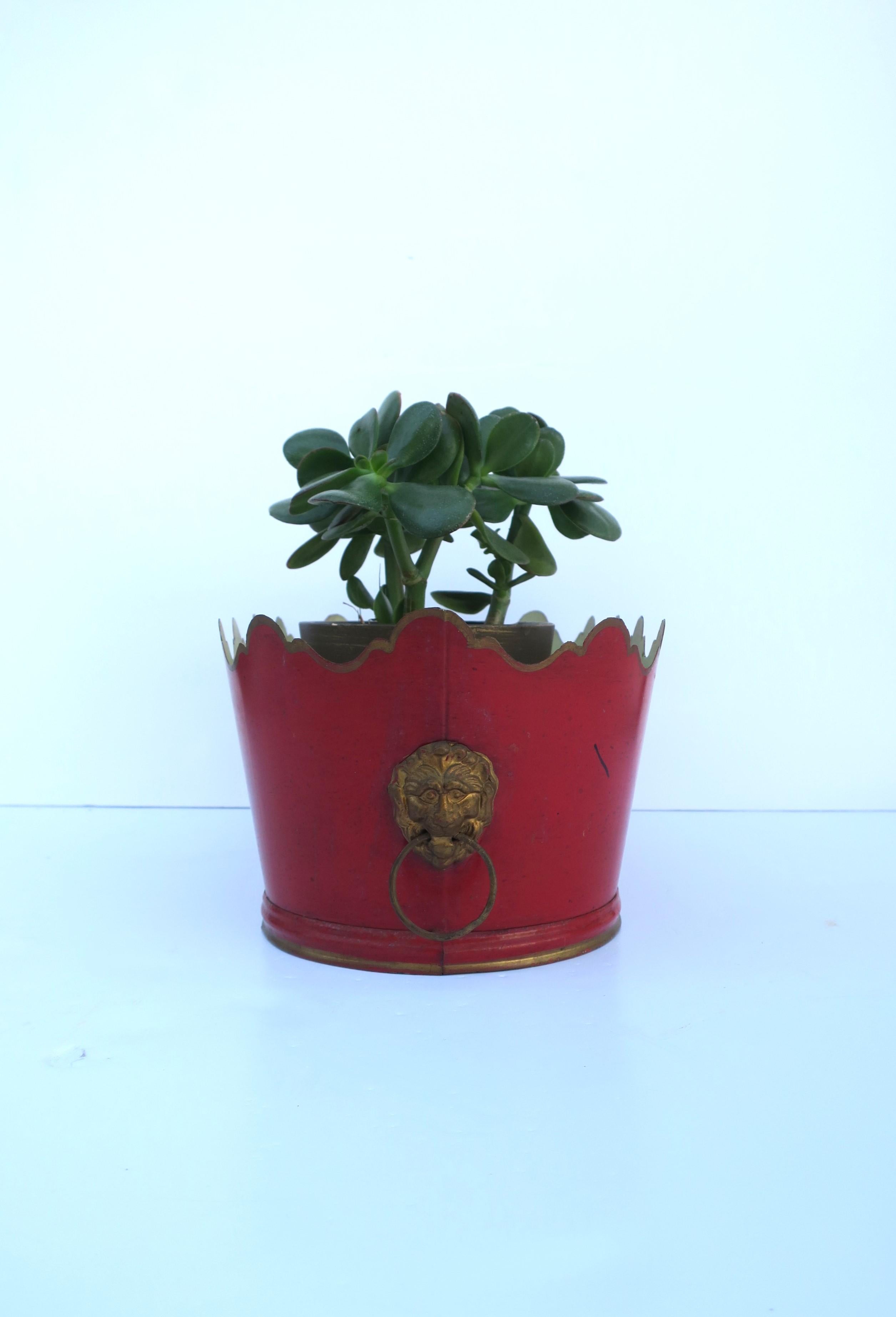 Italian Red and Gold Tole Planter Cachepot Jardiniere with Lion Head Design 2